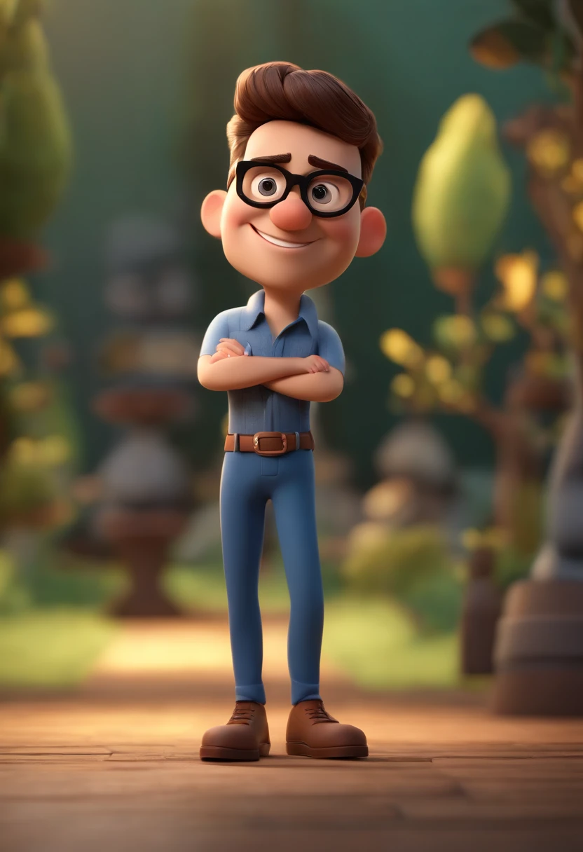 Cartoon character of a man wearing black glasses and a blue shirt, um personagem animado, Caractere estilizado, animation style rendering, 3D estilizado, Arnold Maya render, 3 d render stylized, toon render keyshot, Personagem 3D, Personagem 3D, 3d rendering stylized, 3 d character render, personagem de desenho animado, Personagem de close up, Pose de personagem, (Estilo Pixar) (master part:1.2) (Bokeh) (best quality) (pele detalhada) (textura detalhada) (8k) (argila) (Cinematic lighting) (foco nítido,Senta e vaza a parte superior do corpo