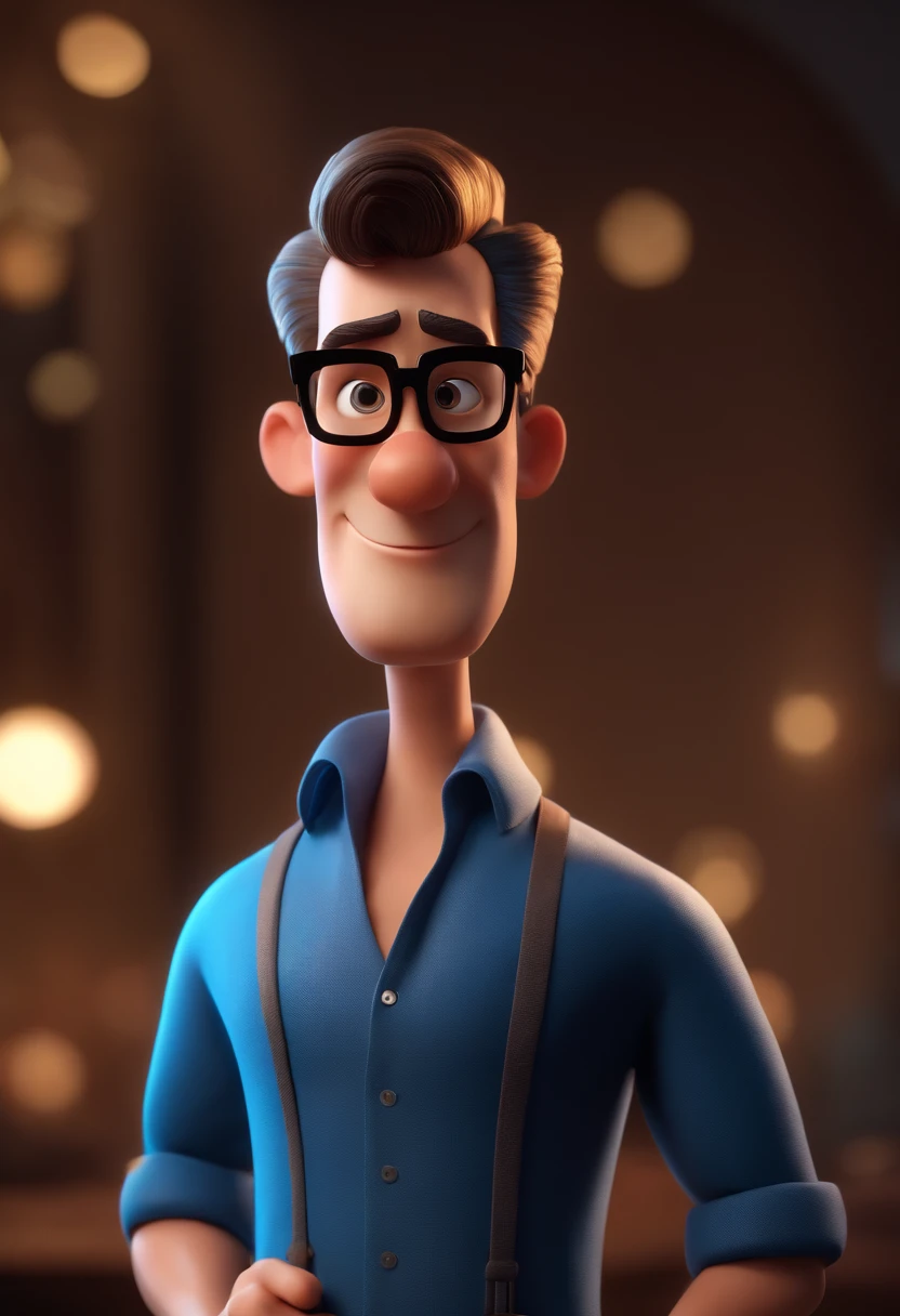 Cartoon character of a man with black glasses and a blue shirt, animation character, Caractere estilizado, animation style rendering, 3D estilizado, Arnold Maya render, 3 d render stylized, toon render keyshot, Personagem 3D, Personagem 3D, 3d rendering stylized, 3 d character render, personagem de desenho animado, Personagem de close up, Pose de personagem, (Estilo Pixar) (master part:1.2) (Bokeh) (best quality) (pele detalhada) (textura detalhada) (8k) (argila) (Cinematic lighting) (foco nítido