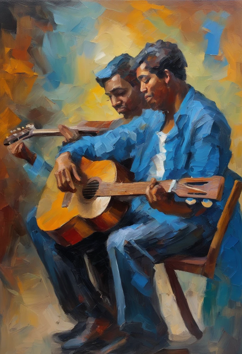 Rockers,Young men,Holding the guitar,Oil painting thick coating,Messy character lines,The dominant color is blue, Super fine, vivd colour, High saturation