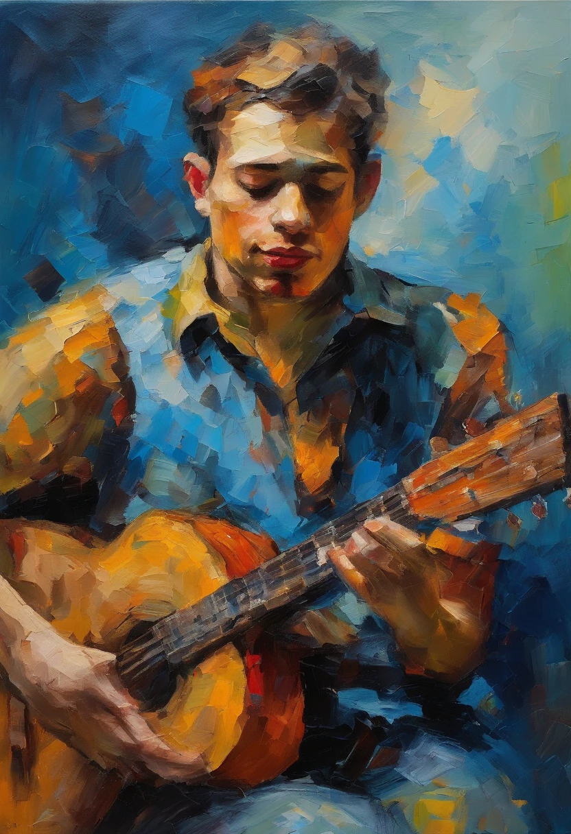 Rockers，Young men，Holding the guitar，Oil painting thick coating，Messy character lines，The dominant color is blue， Super fine, vivd colour, High saturation