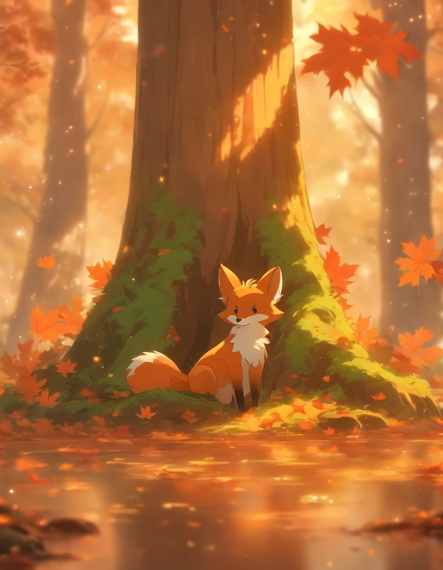 (best quality,4k,8k,A high resolution,master part:1.2),ultra-detalhado,(Realistic,fotorrealista,photo-realistic:1.37),Colorful autumn scenery,Lonely fox,raposa bonito,floresta de outono,Raposa em um manto de folha de bordo,Raposa escondida,tree roots,Dias chuvosos,atmosfera tranquila,maple trees,folhagem de outono,Raposa colorida,folhas verde-escuras e alaranjadas,ambiente tranquilo,natural lighting,gotas de chuva suaves,leaves on the ground,soft mist,O sol cintilante brilha pela floresta,Majestic tree trunk,silent solitude,magical ambiance