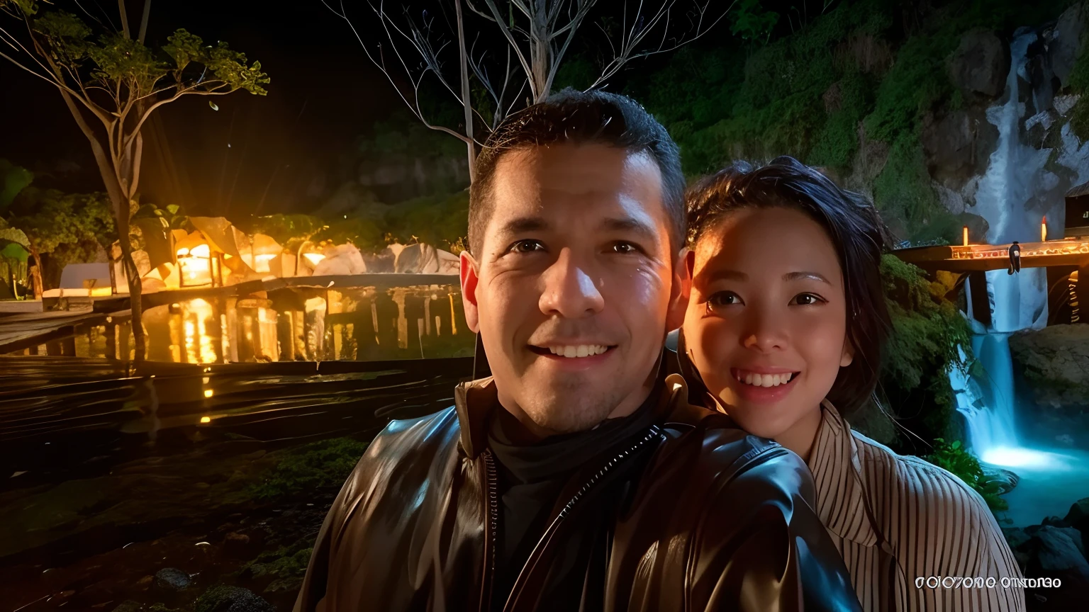 There are two people taking a selfie in front of a stream, em uma caverna com a cachoeira, ao lado de uma cachoeira, Tyler Edlin e Natasha Tan, com uma cachoeira, Jordan Grimmer e Natasha Tan, Standing in a waterfall, corrente de amor e felicidade, standing near a waterfall, em frente a uma cachoeira, standing inside a waterfall