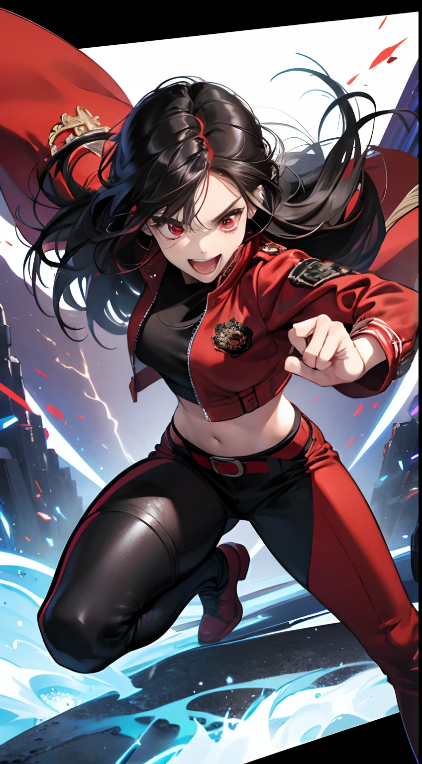 Sarada Uchiha,May, comic book cover style，Comic book cover title,land of superheroes,citys, Action,fight,eyes black,explosions,purple,lightning strike,Wearing prescription glasses,orange,rot,Pink, The shape of the genitals is transparent and transparent，drenched in sweat,   but not explicit