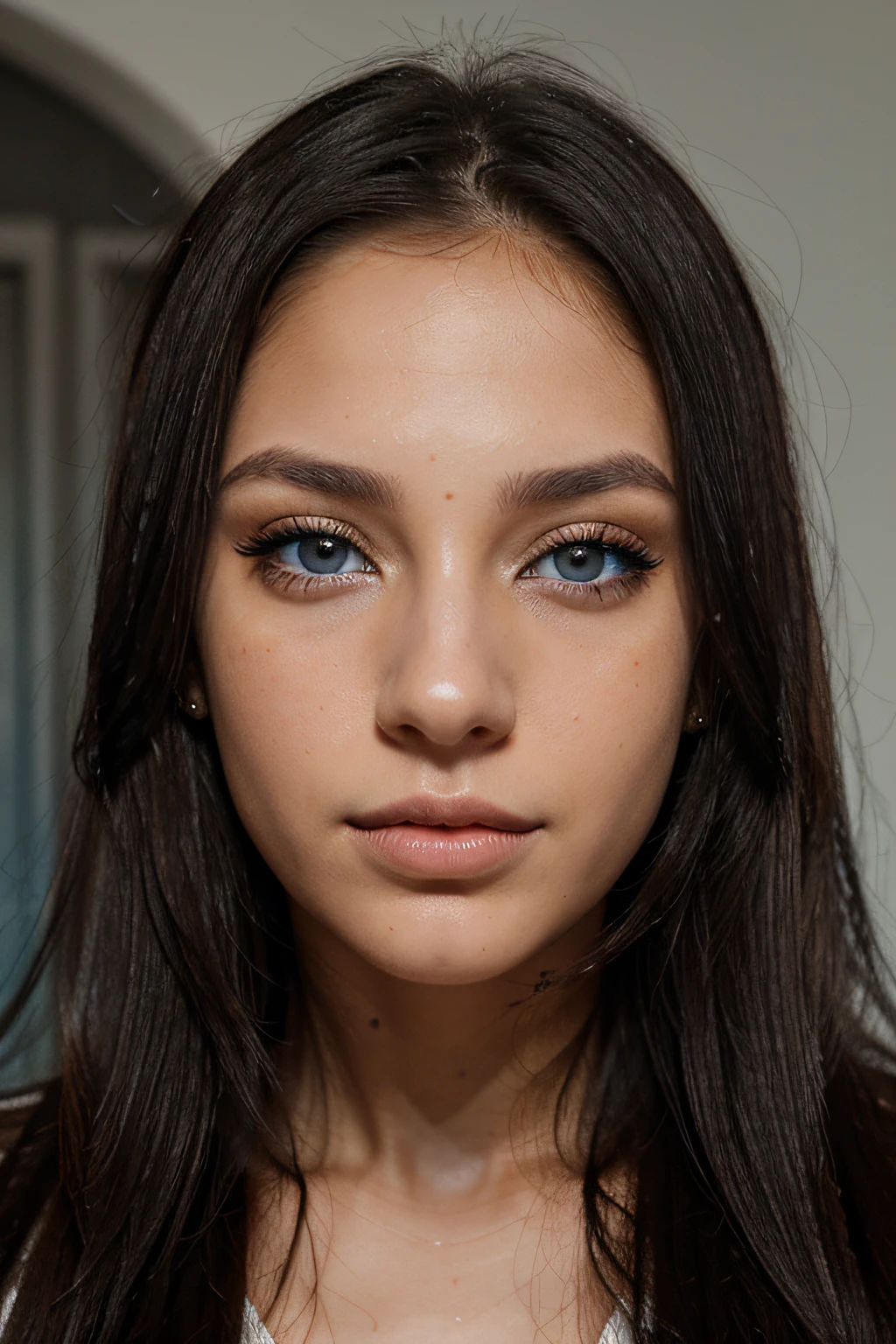 mujer blanca, hermosa, ojos azules, foto hiperrealista, cabello liso negro, algunas pecas en la cara, muy hermosa, con maquillaje