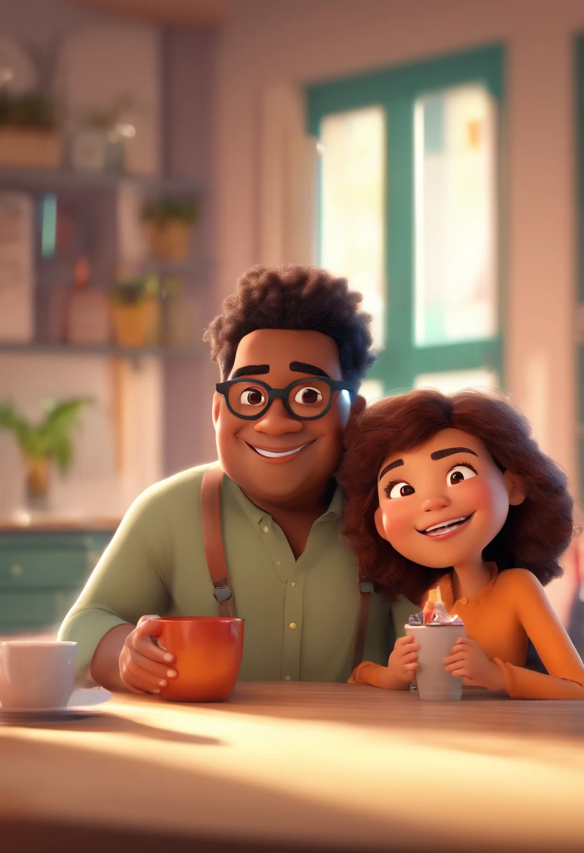 An illustration of an adorable couple, Highlight for a chubby mulatto man with glasses smiling and a brunette woman with beautiful expressive eyes - the man's skin is mulatto and the man's hair haswhile the woman's skin is black and the woman's hair is straight and brown. They are a bright room, cada um com um sorriso no rosto, e compartilhar um momento especial caracterizado pelo amor, Insights. Illustrate this scene from a perspective where they are facing the camera, Smiling and Showing Your Connection. Desenvolva esta arte em Full HD, Focus on your cinematic touch, Estilo Disney Pixar Animations
