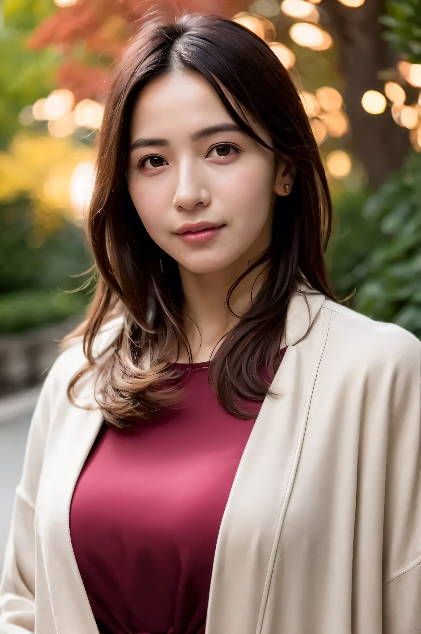1girl,(wearing an avante garde blouse and long jacket:1.2),(RAW photo, best quality), (realistic, photo-realistic:1.4), masterpiece, an extremely delicate and beautiful, extremely detailed, 2k wallpaper, Amazing, finely detail, extremely detailed CG unity 8k wallpaper, ultra-detailed, highres, soft light, beautiful detailed girl, extremely detailed eyes and face, beautiful detailed nose, beautiful detailed eyes,cinematic lighting,city lights at night,autumn scenery,maple leaves in autumn,in a park,park light,perfect anatomy,slender body,smiling,bokeh