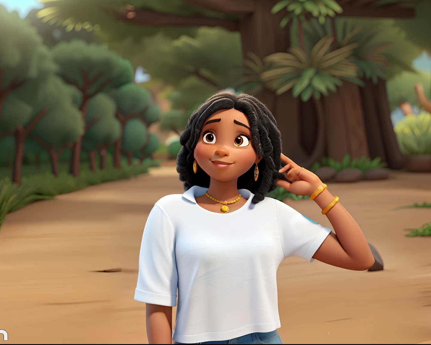 (masterpiece, best quality), deep ebony 1girl, beautiful face, short braids , cute, street clothing, beautify, Lofi vibe,, cute night vibe, concentrated, sitting, hands outside of the picture, exploring a cave, Lara Croft cosplay, white shirt, brown trousers, looking confident not sexy, cute look, clothing is dry and baggy,
