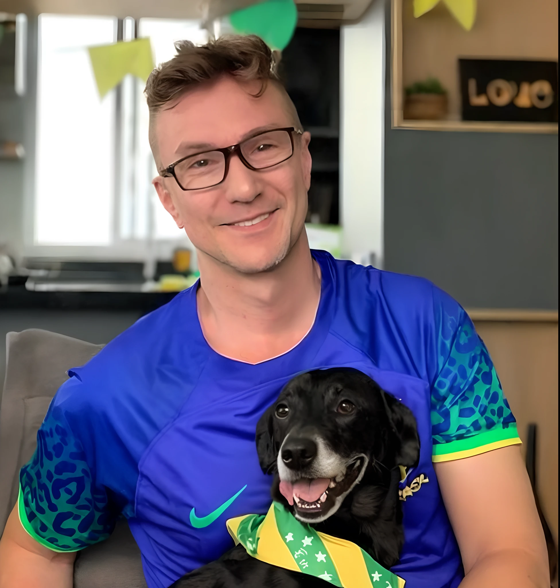 Friendly man veterinarian , Sitting on a couch with a dog wearing a tie, with his hyperactive little dog,