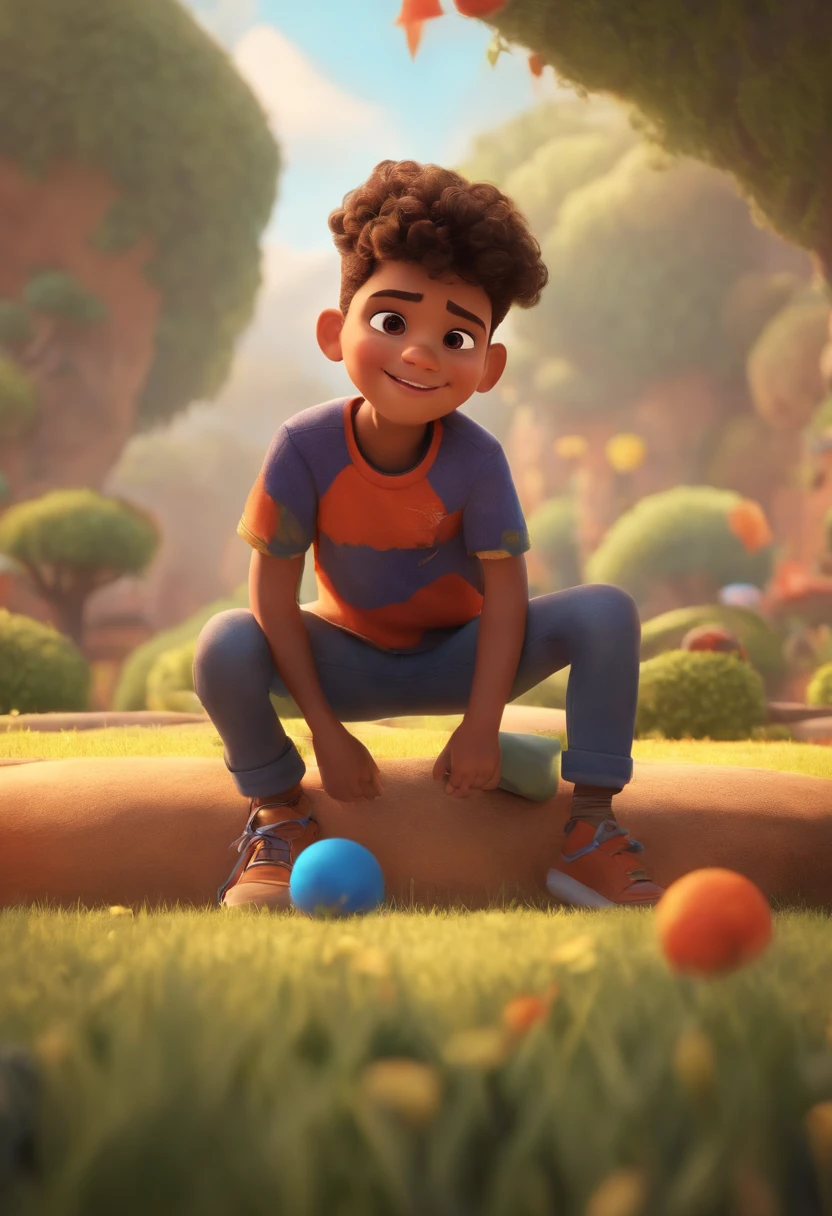 Image of a boy for a story in a YouTube video in Pixar format, He's the allabester, He's the class leader, He's outgoing, Playful and gets up for a lot of things, cabelo curto