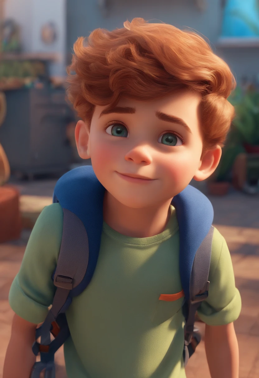 Image of a boy for a story in a YouTube video in Pixar format, He's the  allabester, He's the class leader, He's outgoing, Playful and gets up for a lot of things, cabelo curto