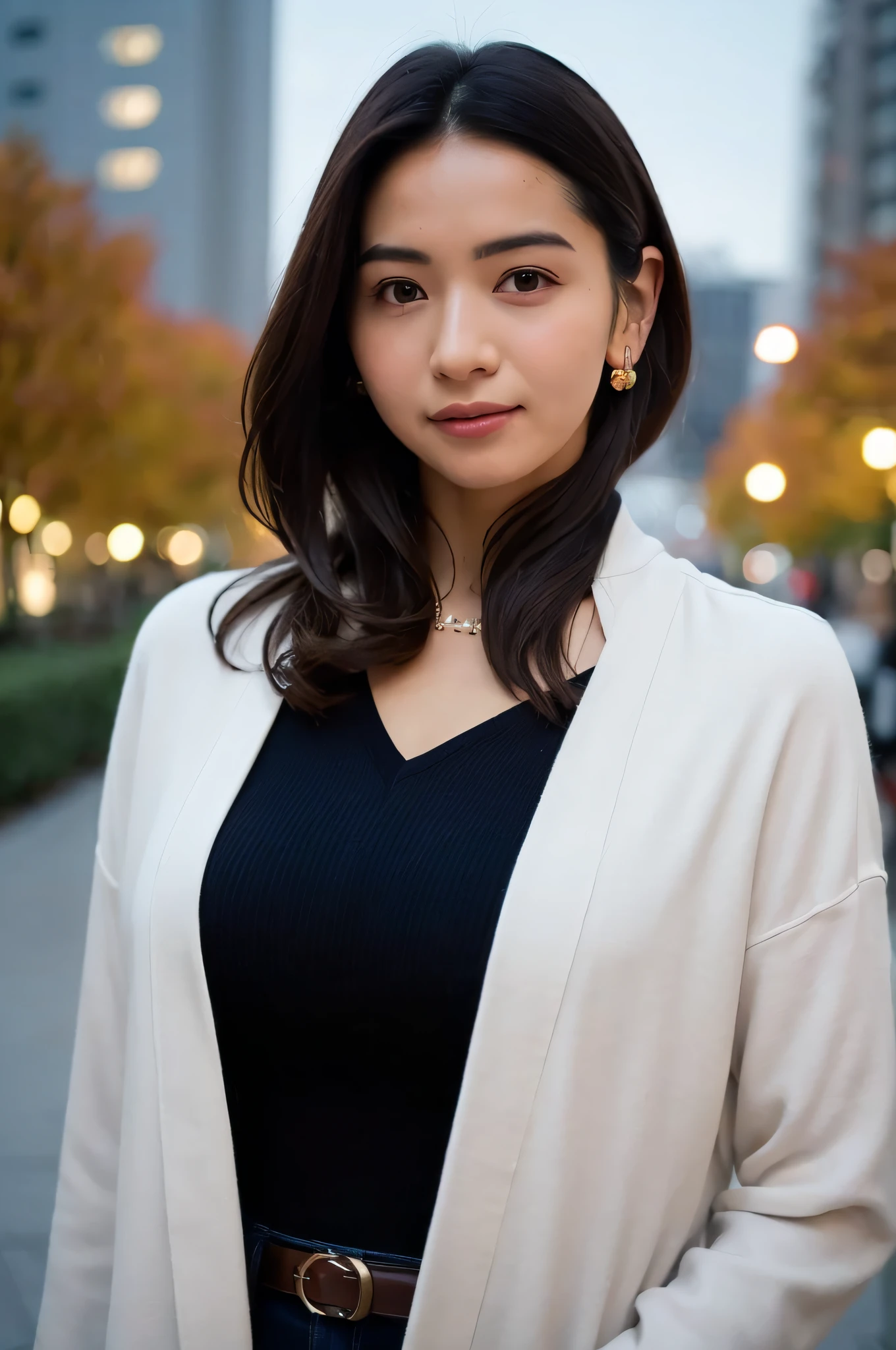 1girl,(wearing a collared blouse and long jacket:1.2),(RAW photo, best quality), (realistic, photo-realistic:1.4), masterpiece, an extremely delicate and beautiful, extremely detailed, 2k wallpaper, Amazing, finely detail, extremely detailed CG unity 8k wallpaper, ultra-detailed, highres, soft light, beautiful detailed girl, extremely detailed eyes and face, beautiful detailed nose, beautiful detailed eyes,cinematic lighting,city lights at night,autumn scenery,maple leaves in autumn,in a park,park light,perfect anatomy,slender body,smiling,bokeh