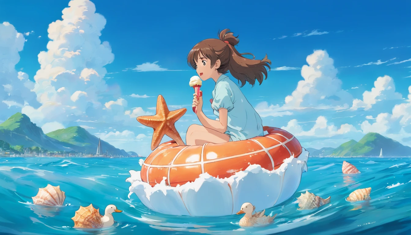 score_9, score_8_up, score_7_up, source_anime,masterpiece, best quality, high resolution, extremely detailed CG, absurdres, highres, A dreamy water park, all the buildings are made of ice-cream, ice cream castle, colorful, girl in swimsuit is sliding down the water slide, happy, neondskdrmsxl, babycreamxl