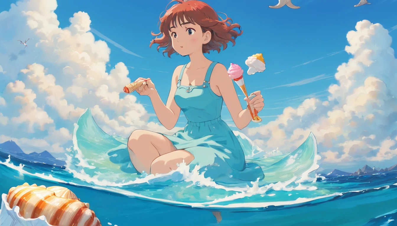 sea with clear view of seashell and starfish, blue sky with cloud, woman in the middle of the sea on a duck rubber buoy eating ice cream, windy, mood summer chill, tone color film