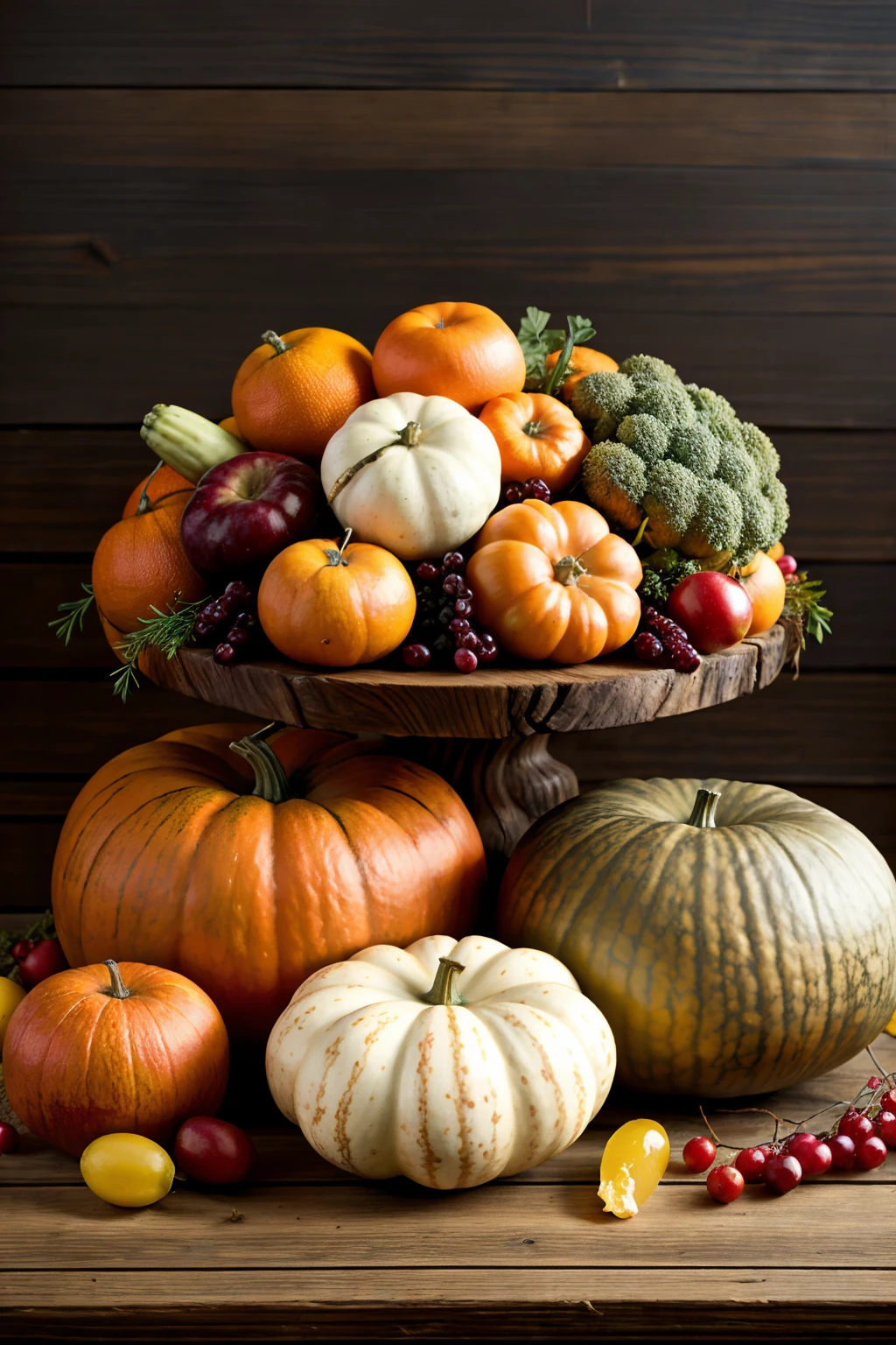 a wooden table topped with assorted fruits and vegetables, cornucopia, harvest, harvest fall vibrance, harvest fall vibrancy, still life photography, gourds, by Linda Sutton, by David Garner, by Juan O'Gorman, holiday season, autumn, the goddess of autumn harvest, on a dark background, still life vegetables