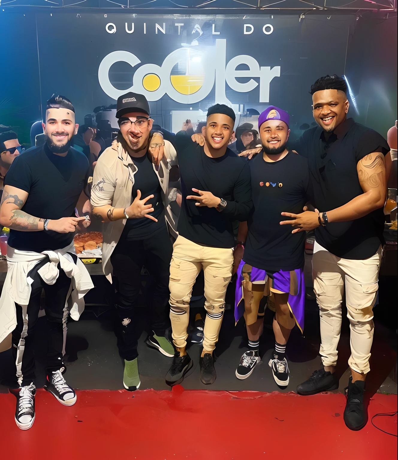Several men posing for a photo in front of a cooler sign, A scooter ( Banda EDM, cool looking, ter uma festa legal, arrogante, Engole, arrefecimento, meninos bonitos, cooking show, youtuber, Devagar, Congas, taken in the early 2020s, instagram post, Super legal, solid background, cozinhado