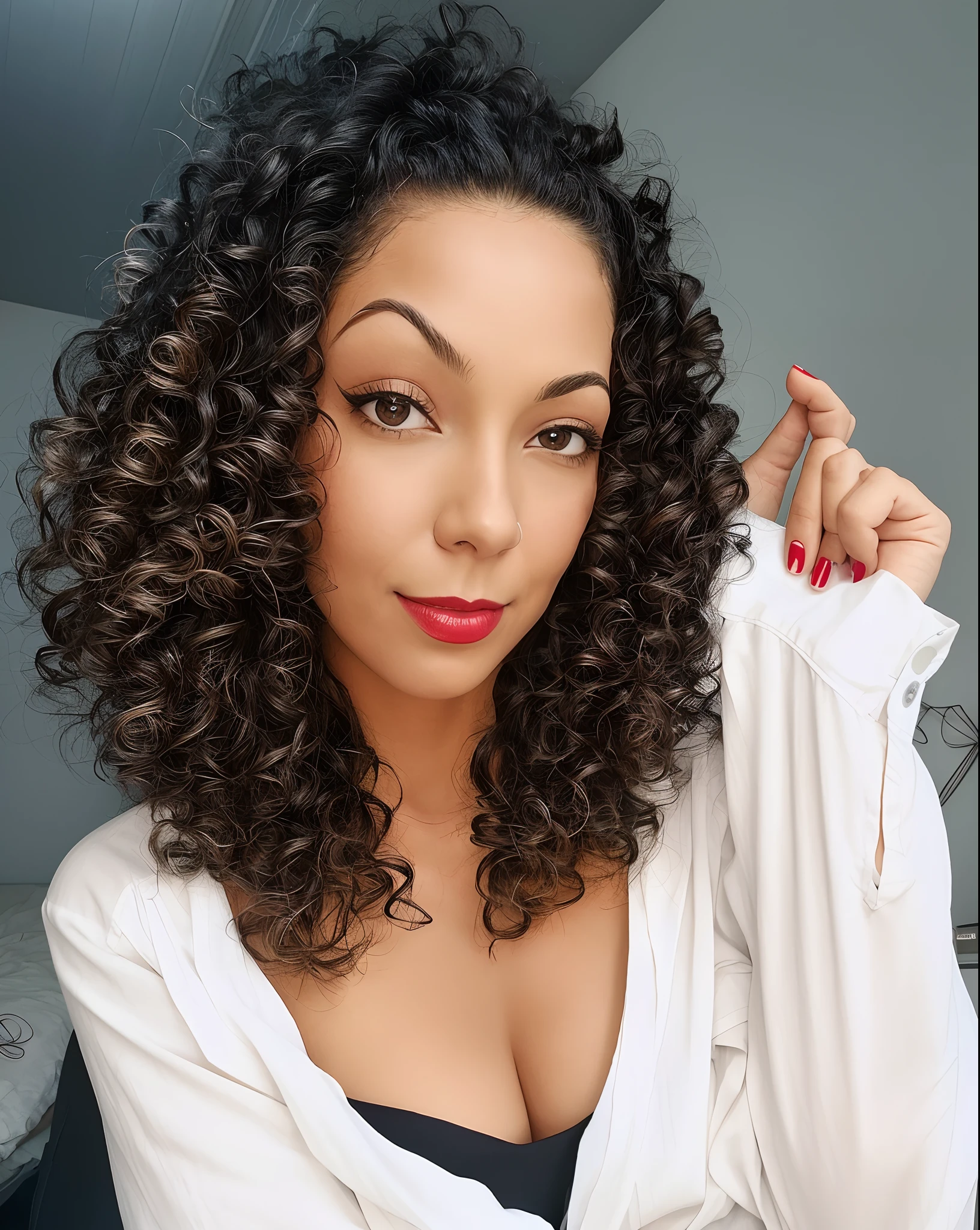 There's a woman in a white shirt and a red manicure, cabelos escuros cacheados, cabelo encaracolado preto, (cabelos cacheados escuros e curtos), cabelos cacheados, cabelos negros cacheados, com cachos, cabelos castanhos cacheados, curly hair, encaracolado, cabelo encaracolado curto escuro sorrindo, com longos cabelos cacheados, seu rosto emoldurado com cachos, cachos redemoinhos, by Gina Pellón