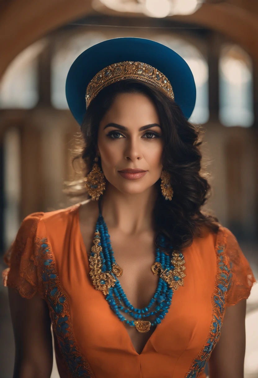 Uma foto 3D capturando com uma mulher de 46 anos, latino americana, morena, rosto redondo, cabelo inteiro um pouco longo, um pouco de lado, repicado e abaixo dos ombros. Blusa com babado na manga. With orange and blue Senac badge hanging from a blue string, em sala de aula.