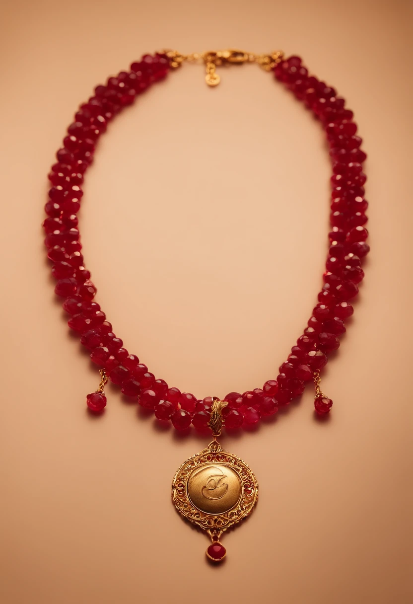 On the table is placed a Ruby red necklace with a unique design made of brass and ruby ,(choker necklace),4k高清,(Real Photographics),Masterpiece, Best quality