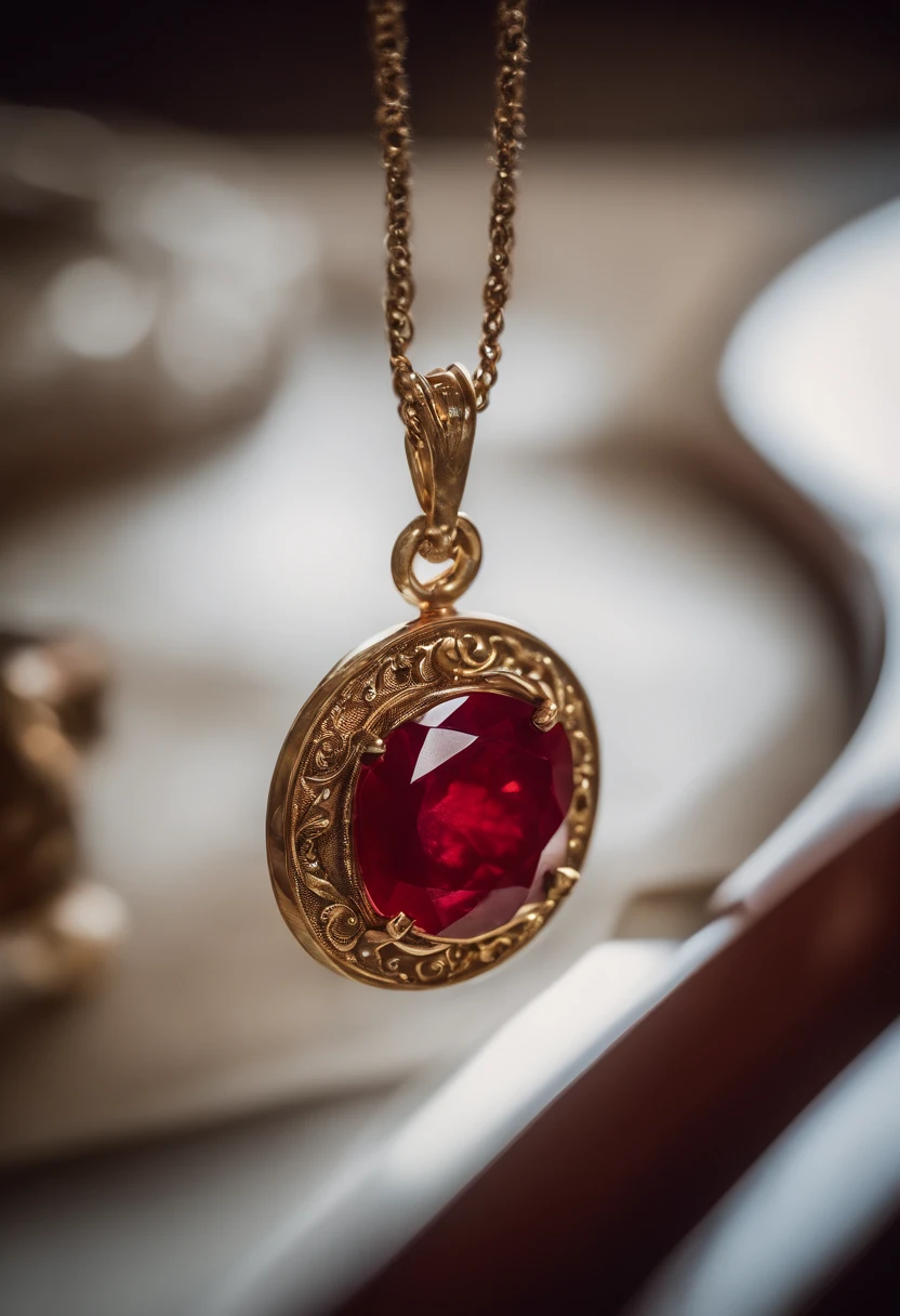 On the table is placed a Ruby red necklace with a unique design made of brass and ruby ,(choker necklace),4k高清,(Real Photographics),Masterpiece, Best quality