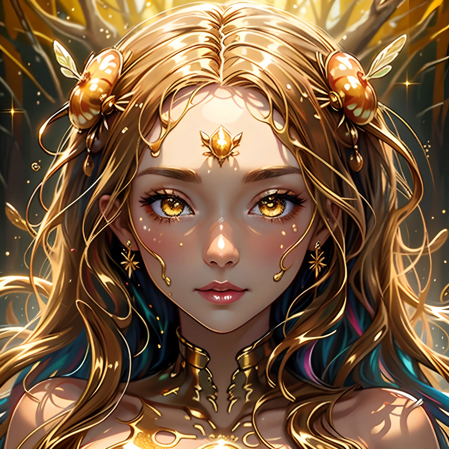 close up,very beautiful cute woman with sparkling colorful golden eyes,face body and hair completely covered in liquid dripping oozy golden honey,hundreds of bees flying around and crawling on her,forest scene