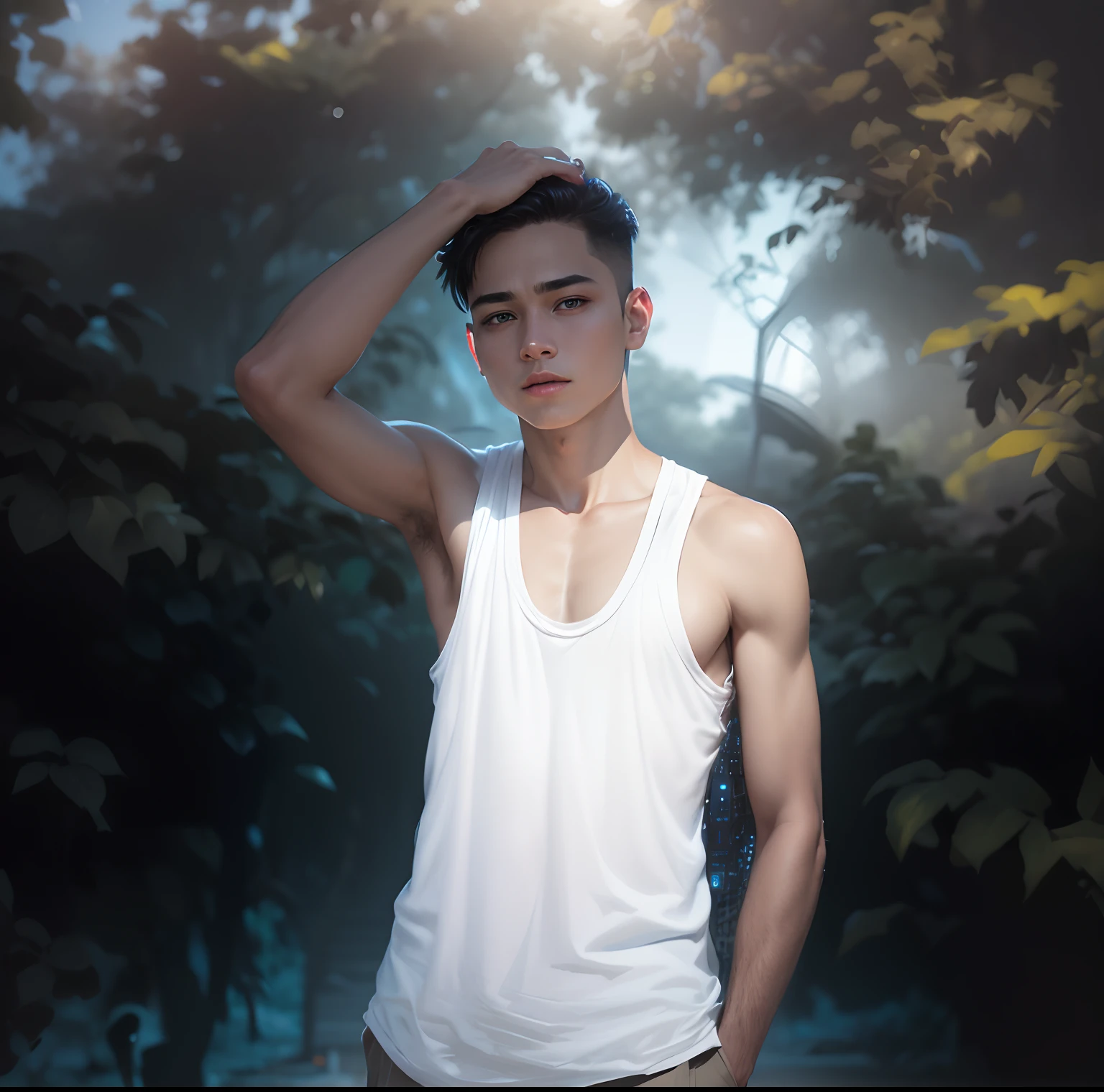 Background dark mode cyber park white colour Jersey realistic face smart boy 8k