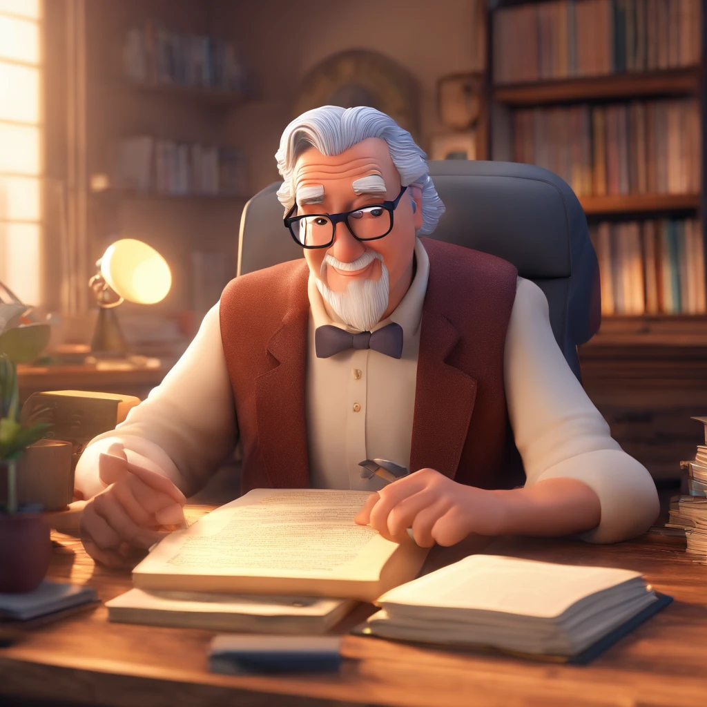 Crie um cartaz inspirado na Disney Pixar com o personagem sendo o pastor Rubens Janier, A gray-haired man wearing glasses, in an office with a Bible on the table
