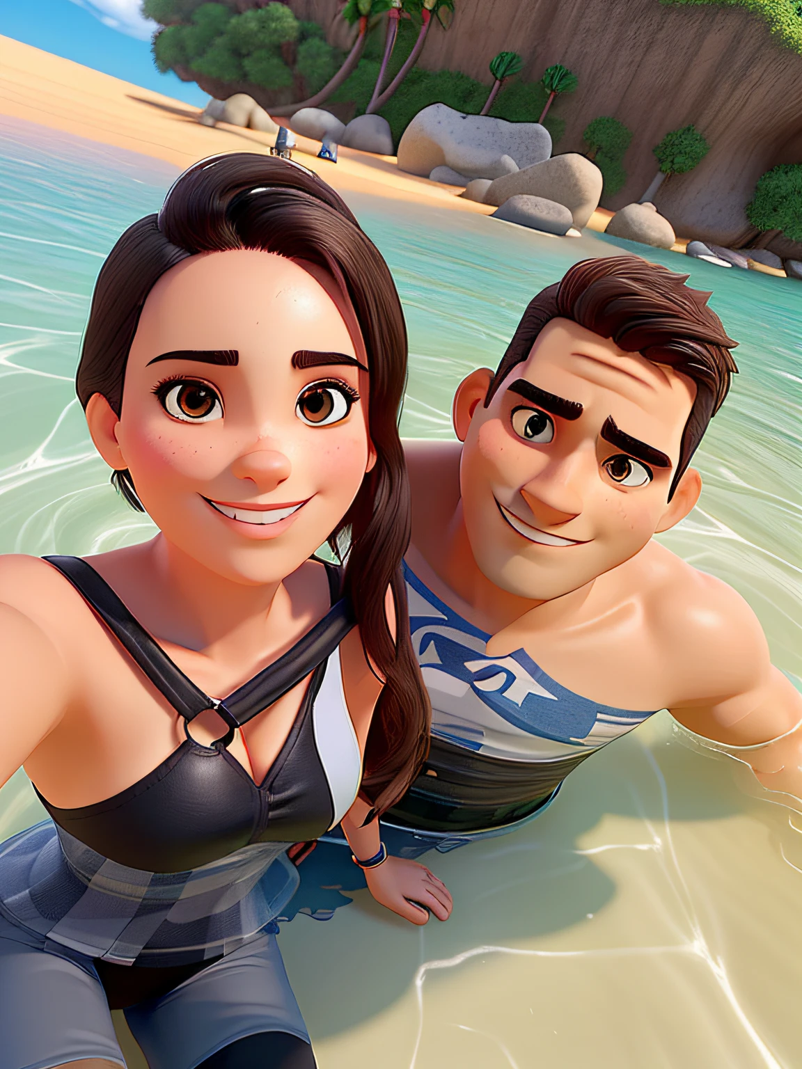 A imagem mostra um homem com sua barba farta e bem feita com seus belos e grandes olhos castanhos claros e uma mulher com seu rosto largo e branco, with big dark brown eyes sitting on a body of water, possivelmente uma praia, aproveitando o tempo juntos. Woman is wearing a black swimsuit with a metal hoop detail , While the man is shirtless. The two are smiling and posing for a photo, com o cabelo da mulher cobrindo parcialmente o rosto. Ao fundo, Two boats are visible, one closer to the left side of the image and one closer to the right side. A cena parece ser uma atividade ao ar livre relaxante e divertida para o casal, Generate a 3D animation-style image with your names Mariana and Brendo.