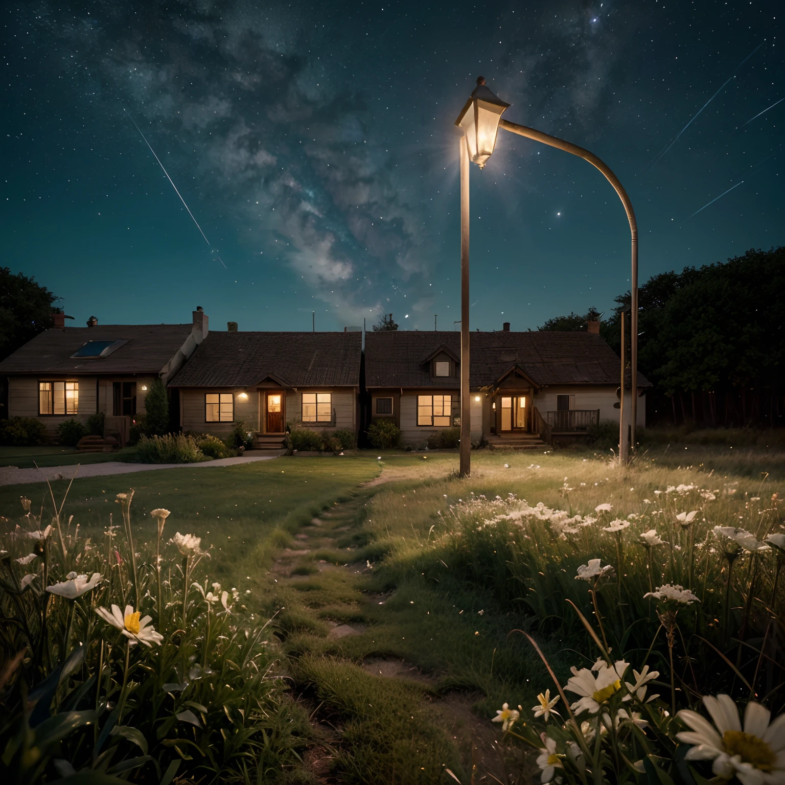 Nighttime clear skies milky way dark blue skies plain grasslands with low level grass uniform grass flowers scattered settlement of illuminated houses 90's lamp nearby cinematic 8k quality calming effect photorealistic hyper realistic