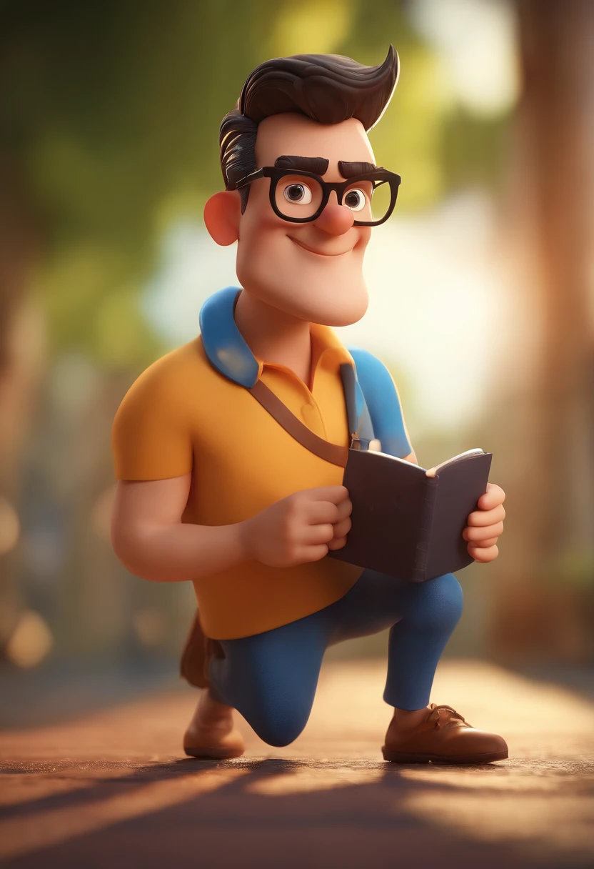 Cartoon character of a man wearing black glasses and a blue shirt, um personagem animado, Caractere estilizado, animation style rendering, 3D estilizado, Arnold Maya render, 3 d render stylized, toon render keyshot, Personagem 3D, Personagem 3D, 3d rendering stylized, 3 d character render, personagem de desenho animado, Personagem de close up, Pose de personagem, (Estilo Pixar) (master part:1.2) (Bokeh) (best quality) (pele detalhada) (textura detalhada) (8k) (argila) (Cinematic lighting) (foco nítido,Senta e vaza a parte superior do corpo