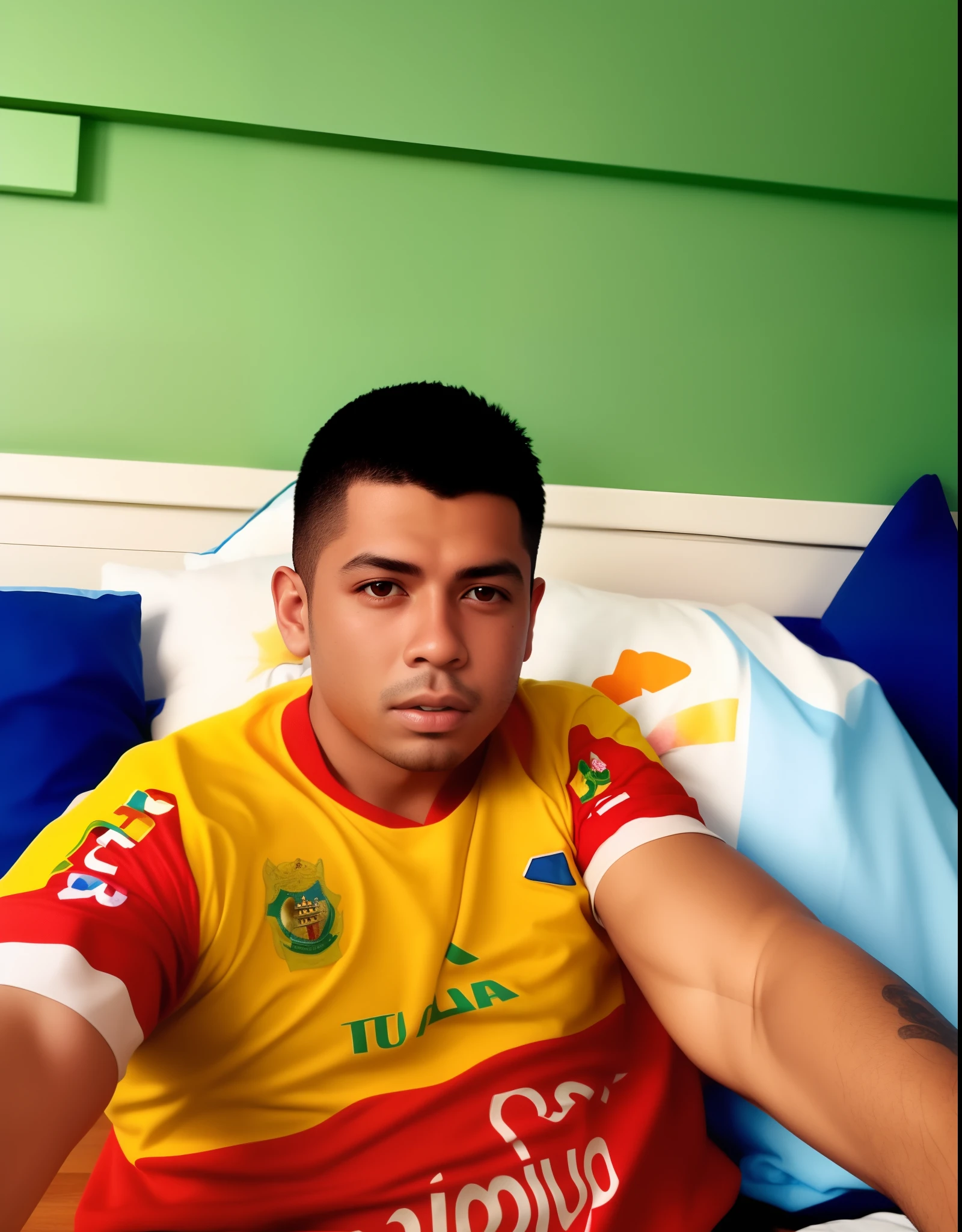 There's a man lying in bed with a football shirt, mateus 9 5, caio santos, Ronaldo Nazario Fenomeno, Ronaldo Luis Nazario de Lima, 18 anos, em torno de 1 9 anos, Foto realista, imagem de qualidade muito baixa, 1 6 anos, andres rios, Ronaldo Nazario, Jose Miguel Romano Francisca
