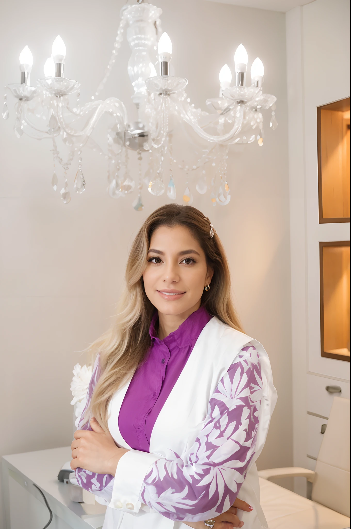 Dermatologist at her clinic , cabelo loiro, olhos verde, cilhos grande