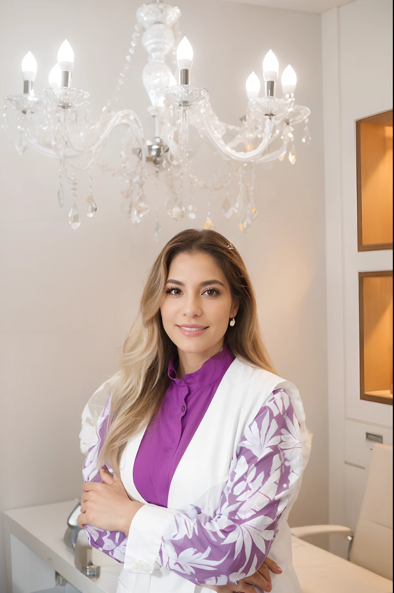 Dermatologist at her clinic , cabelo loiro, olhos verde, cilhos grande