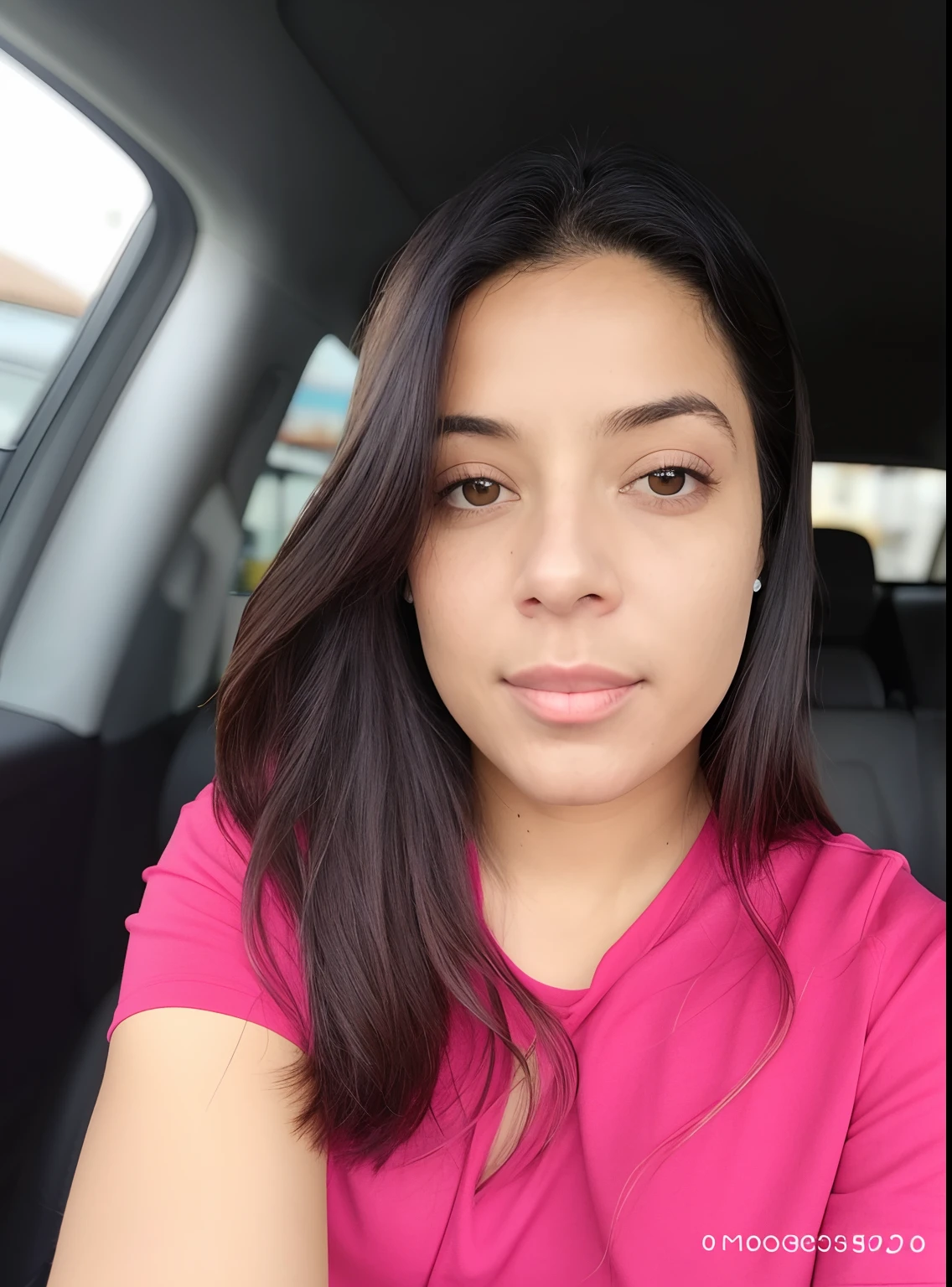 Mulher em uma camisa rosa sentada em um carro, 3 0 anos de idade mulher, Mulher de 30 anos, imagem frontal, Fotografia selfie 8k, she's facing the camera, looking to the side off camera, 38 anos, looking away from camera, tired appearance, cerca de 3 5 anos, selfie de uma jovem mulher
