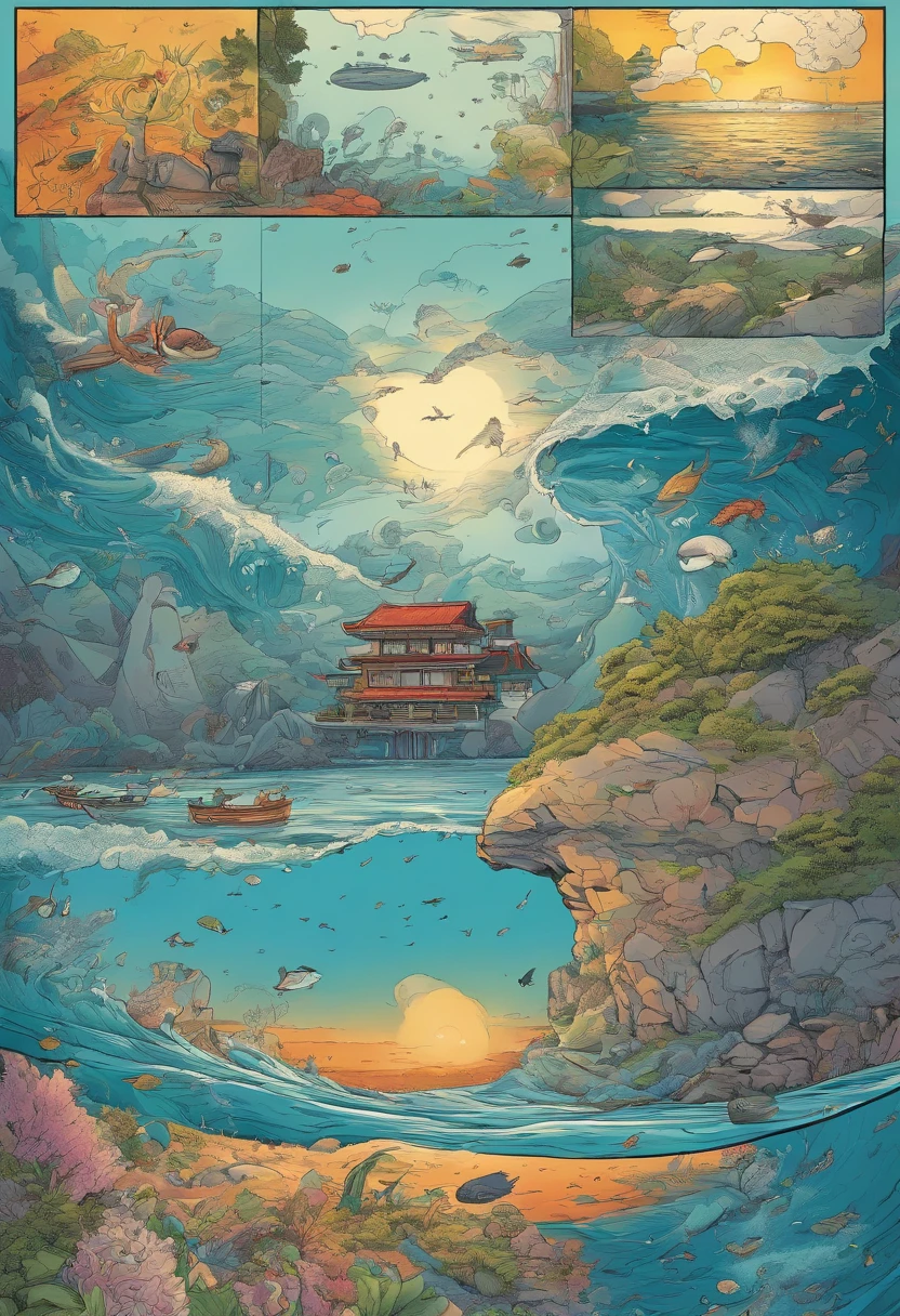American comics, The comic story is presented in multiple irregular colored panels. Japan discharges nuclear sewage,leading to an ocean crisis,Marine life variation,We will never see the story of the blue ocean again,We need to protect our oceans,The style is exaggerated and meticulous