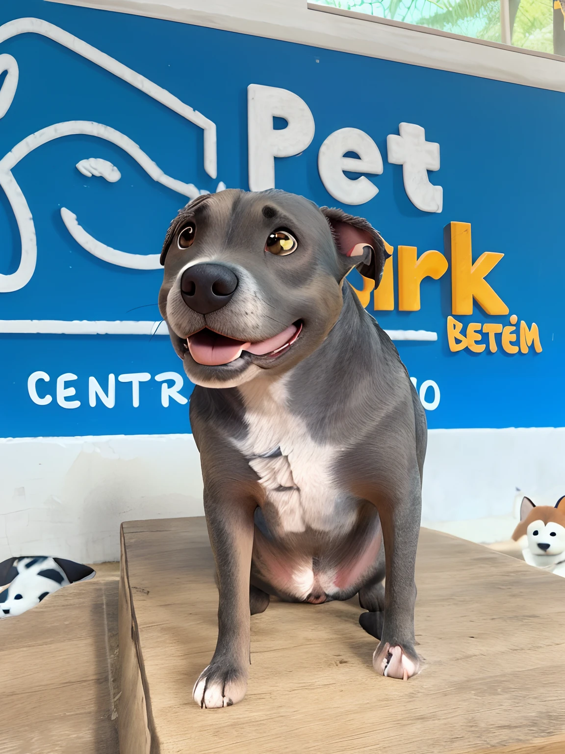 Female dog, pit bull breed, tem a cor do pelo cinza, on top of a wooden surface, na frente de uma placa azul com a frase: pet animal, na cor branca, PARK escrita em amarelo, estilo personagem disney pixar, great quality.
