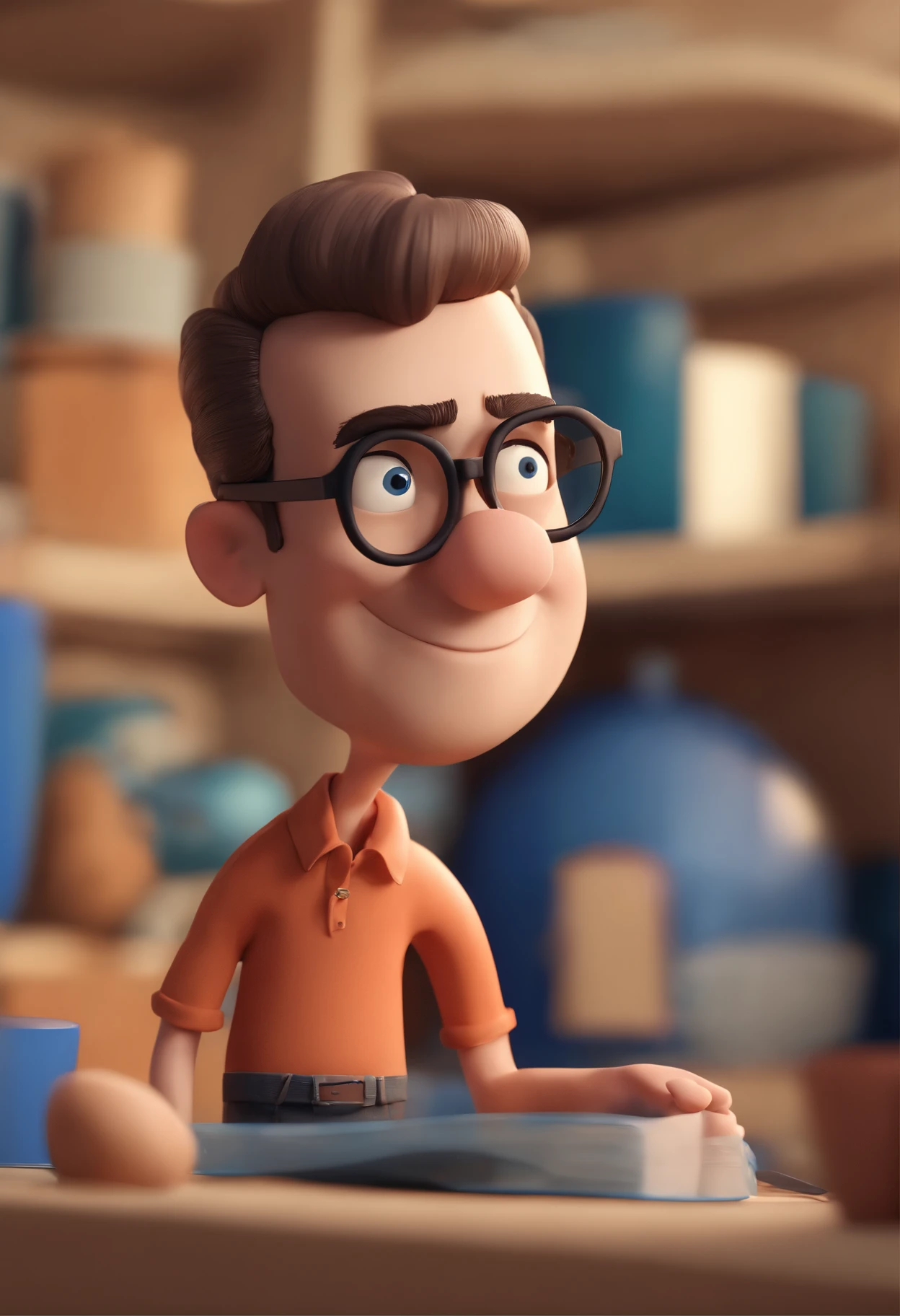 Cartoon character of a man wearing black glasses and a blue shirt, um personagem animado, Caractere estilizado, animation style rendering, 3D estilizado, Arnold Maya render, 3 d render stylized, toon render keyshot, Personagem 3D, Personagem 3D, 3d rendering stylized, 3 d character render, personagem de desenho animado, Personagem de close up, Pose de personagem, (Estilo Pixar) (master part:1.2) (Bokeh) (best quality) (pele detalhada) (textura detalhada) (8k) (argila) (Cinematic lighting) (foco nítido,Senta e vaza a parte superior do corpo