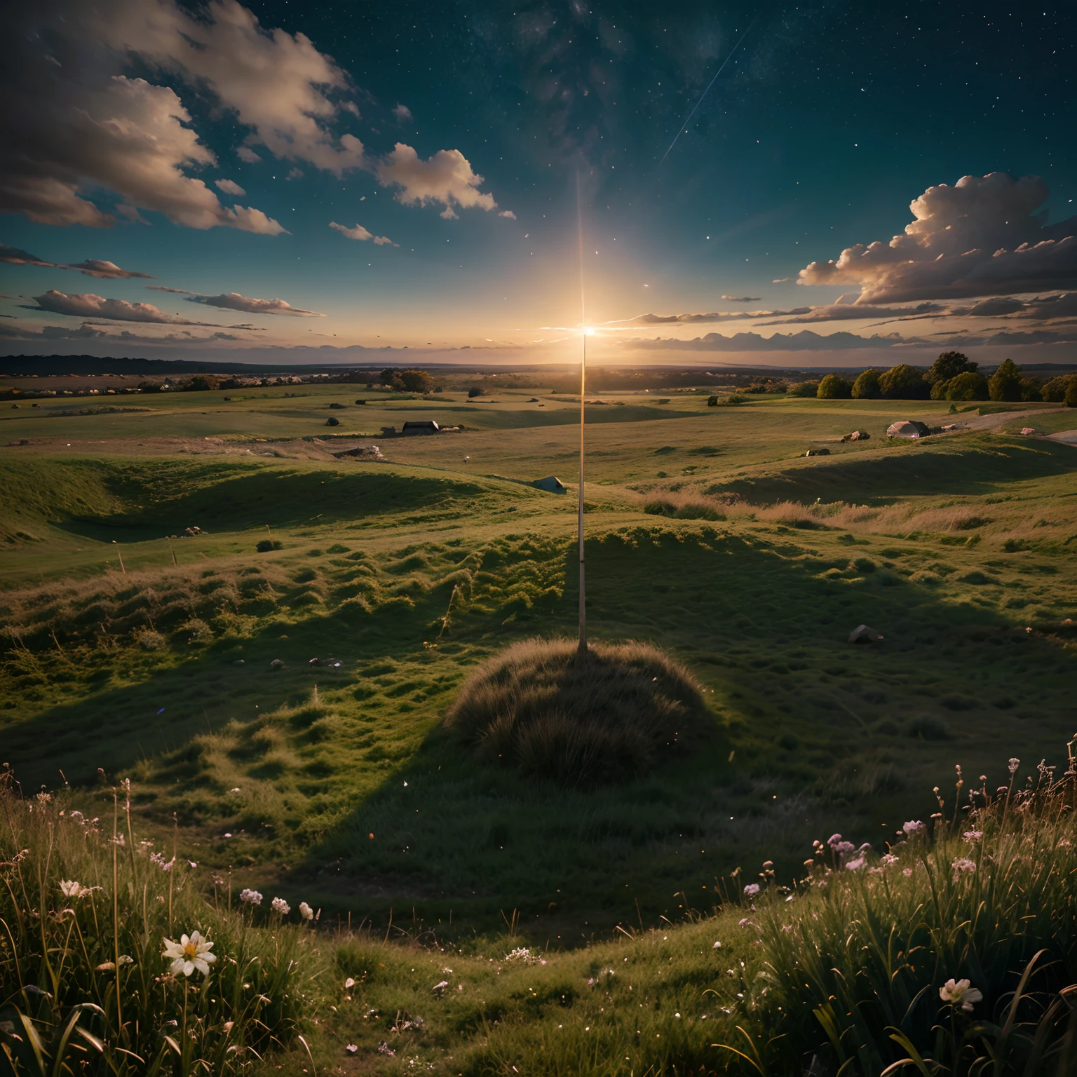 Nighttime clear skies milky way dark blue skies plain grasslands with low level grass uniform grass flowers scattered settlement of illuminated houses 90's lamp nearby cinematic 8k quality calming effect photorealistic hyper realistic