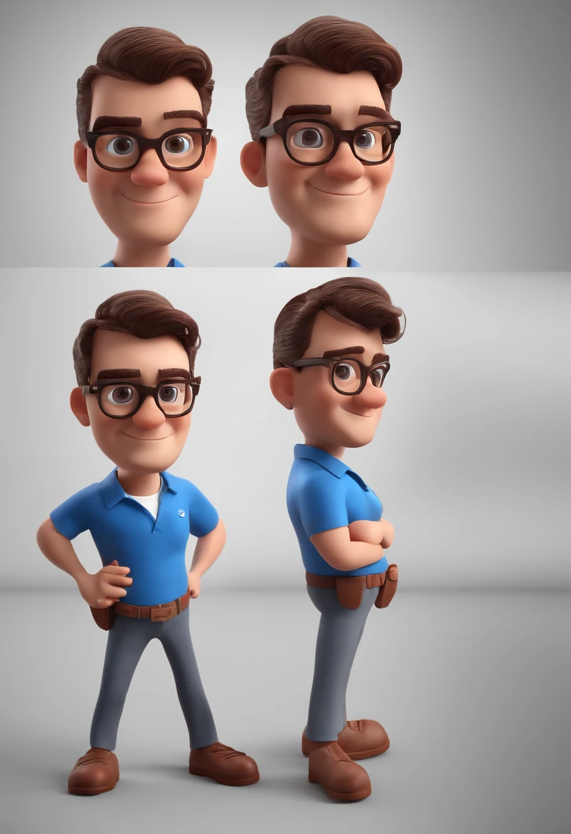 Cartoon character of a man with black glasses and a blue shirt, animation character, Caractere estilizado, animation style rendering, 3D estilizado, Arnold Maya render, 3 d render stylized, toon render keyshot, Personagem 3D, Personagem 3D, 3d rendering stylized, 3 d character render, personagem de desenho animado, Personagem de close up, Pose de personagem,  (Estilo Pixar) (master part:1.2) (Bokeh) (best quality) (pele detalhada) (textura detalhada) (8k) (argila) (Cinematic lighting) (foco nítido