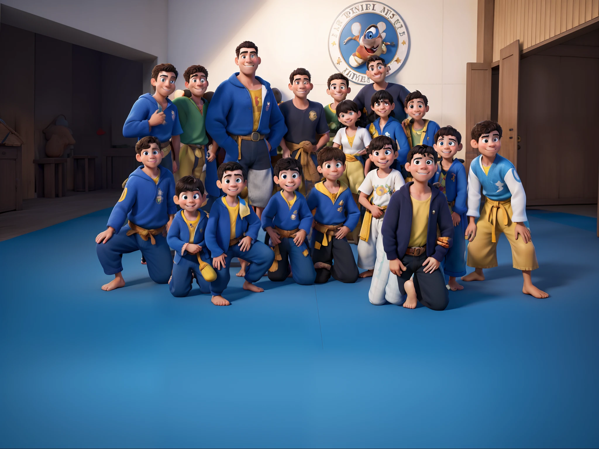 Obra-prima ao estilo Disney/Pixar in high quality and high resolution. Several kids posing for a photo after their martial class.