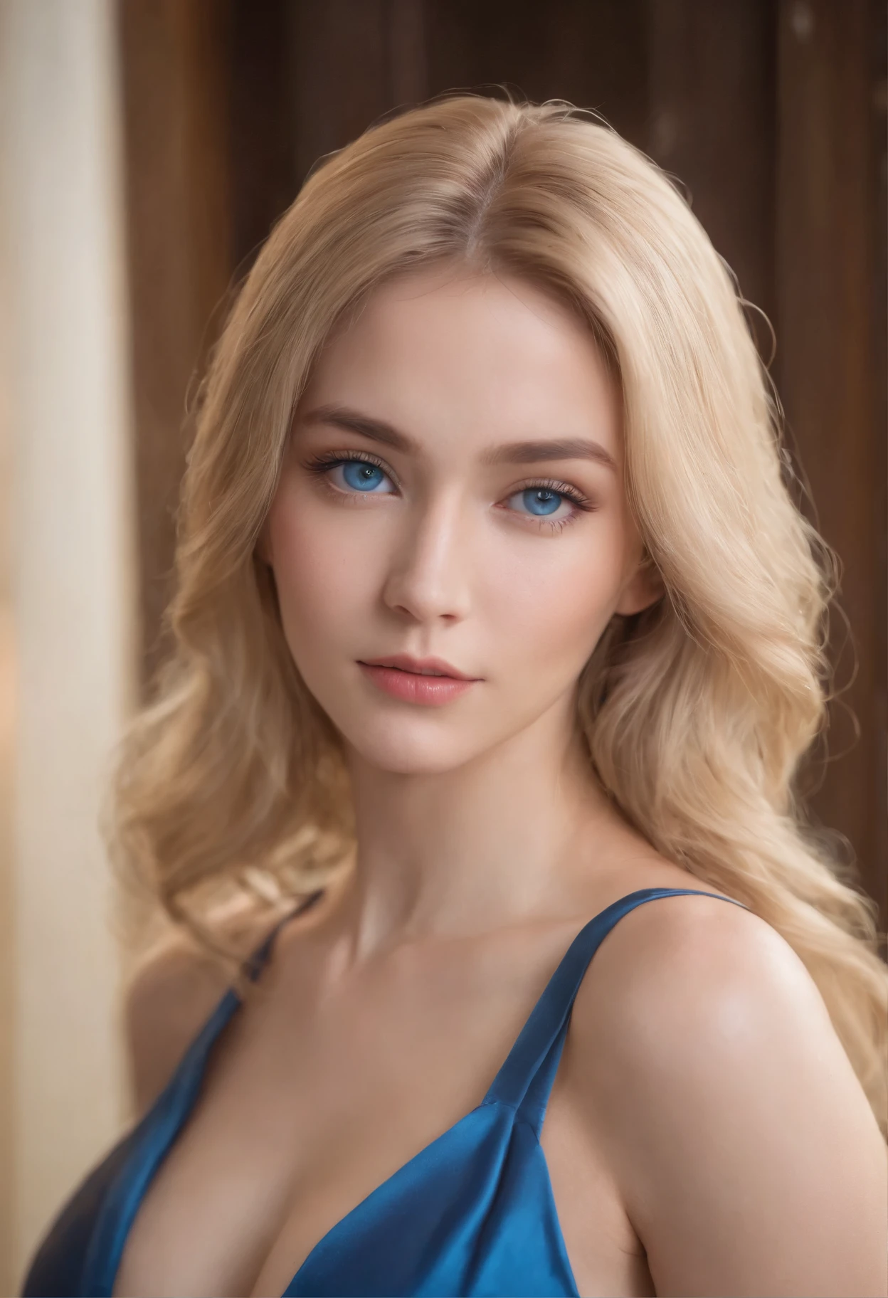 Women, Realistic characters,Bunky blonde hair, Blue silk dress,Breast Show,Blue Eyes, Big breasts anime, alone, present, Cyberpunk Personality,Fully body image, thailand