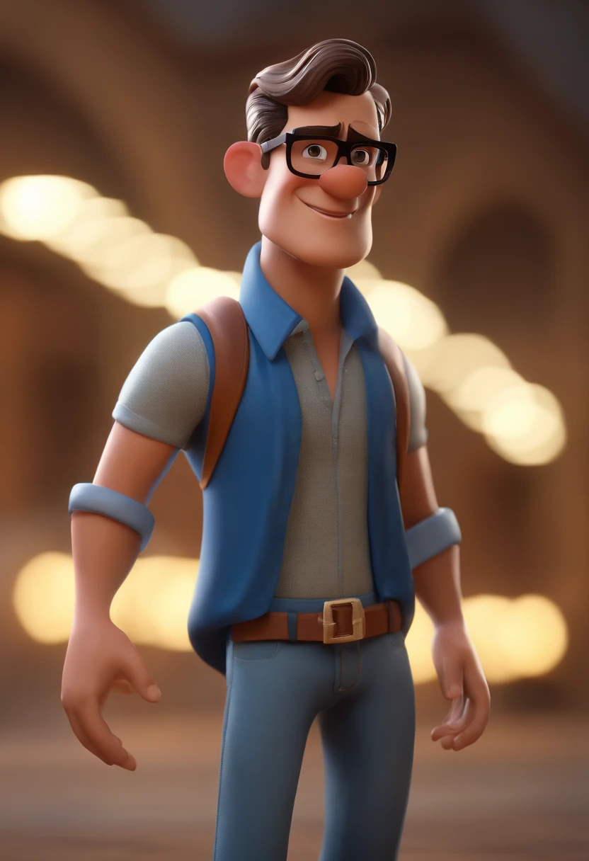 Cartoon character of a man with black glasses, cabelo cacheado marrom escuro e uma camisa azul, animation character, Caractere estilizado, animation style rendering, 3D estilizado, Arnold Maya render, 3 d render stylized, toon render keyshot, Personagem 3D, Personagem 3D, 3d rendering stylized, 3 d character render, personagem de desenho animado, Personagem de close up, Pose de personagem, (Estilo Pixar) (master part:1.2) (Bokeh) (best quality) (pele detalhada) (textura detalhada) (8k) (argila) (Cinematic lighting) (foco nítido