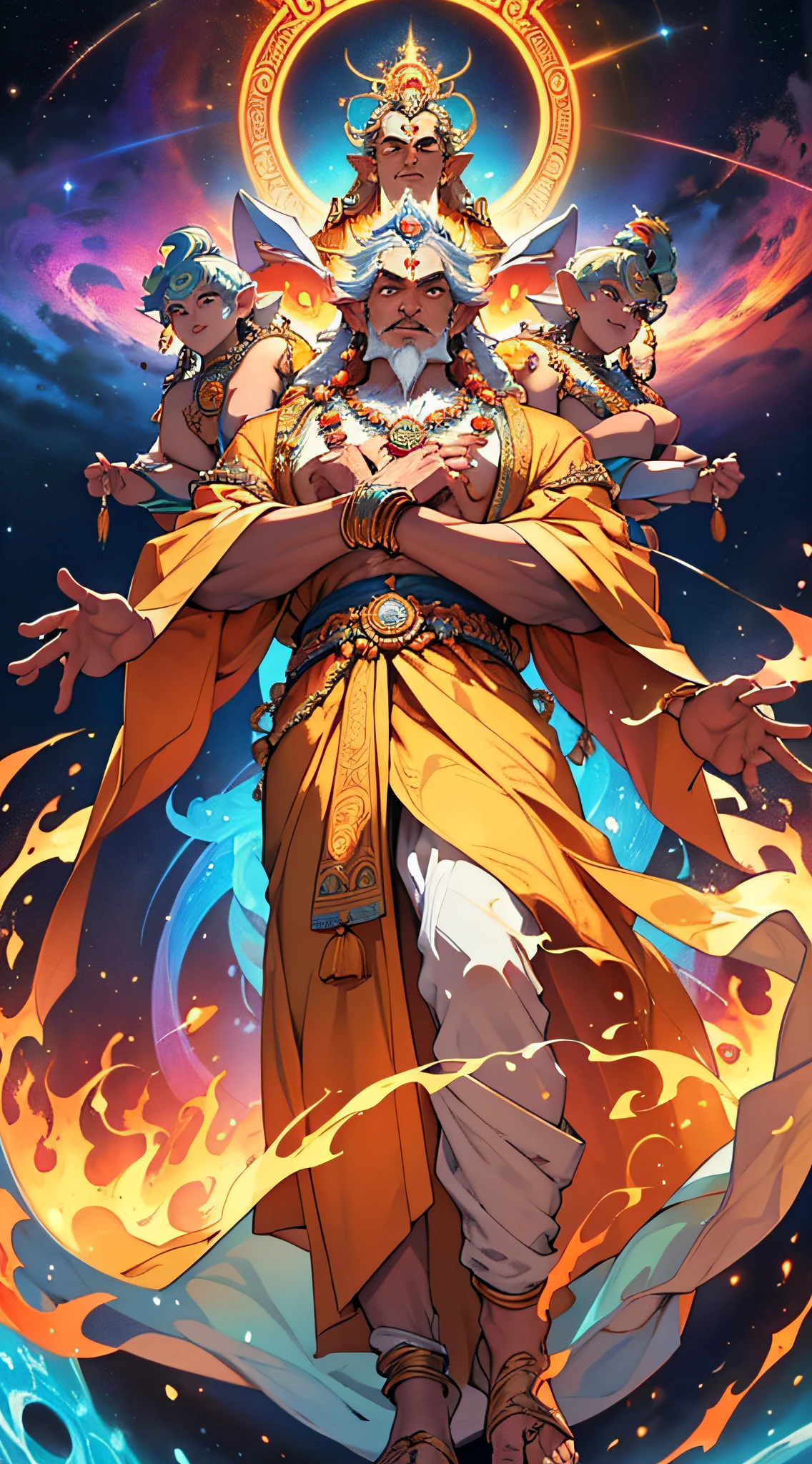Character Anatomy: Lord Brahma with four heads, each representing different aspects of creation. Regal attire and a cosmic background to emphasize his divine nature.
Prompt: "Generate a majestic depiction of Lord Brahma with four heads, each symbolizing a facet of creation. Adorn him in regal attire, standing against a cosmic backdrop that radiates divine power."