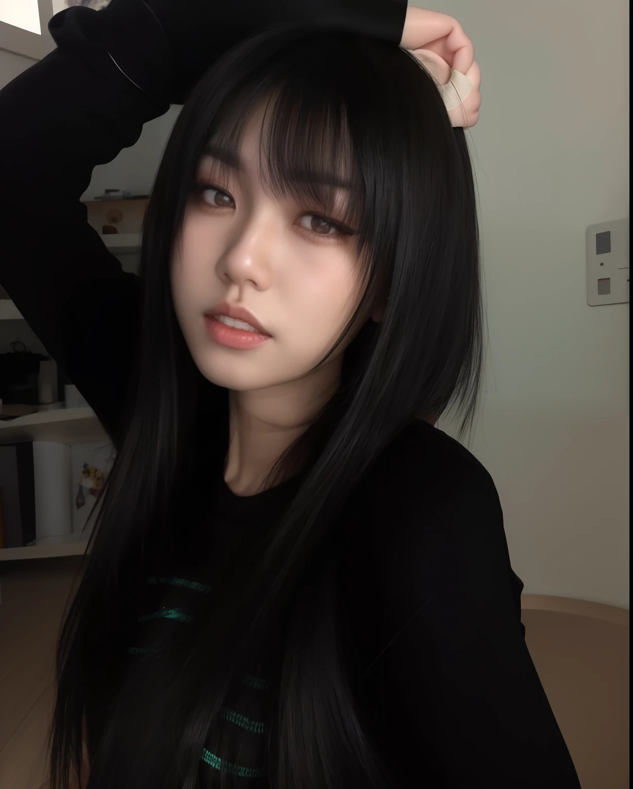 Arafed asian woman with long black hair and bangs posing for a photo, Ella tiene el pelo negro con flequillo, Chica coreana, ulzzang, cruel korean goth girl, con flequillo, Cabello largo y negro con flequillo, con flequillo completo, flequillo largo y recto, Cabello limpio con flequillo, Cabello largo y oscuro con flequillo, Pelo largo con flequillo, Cabello largo con flequillo completo
