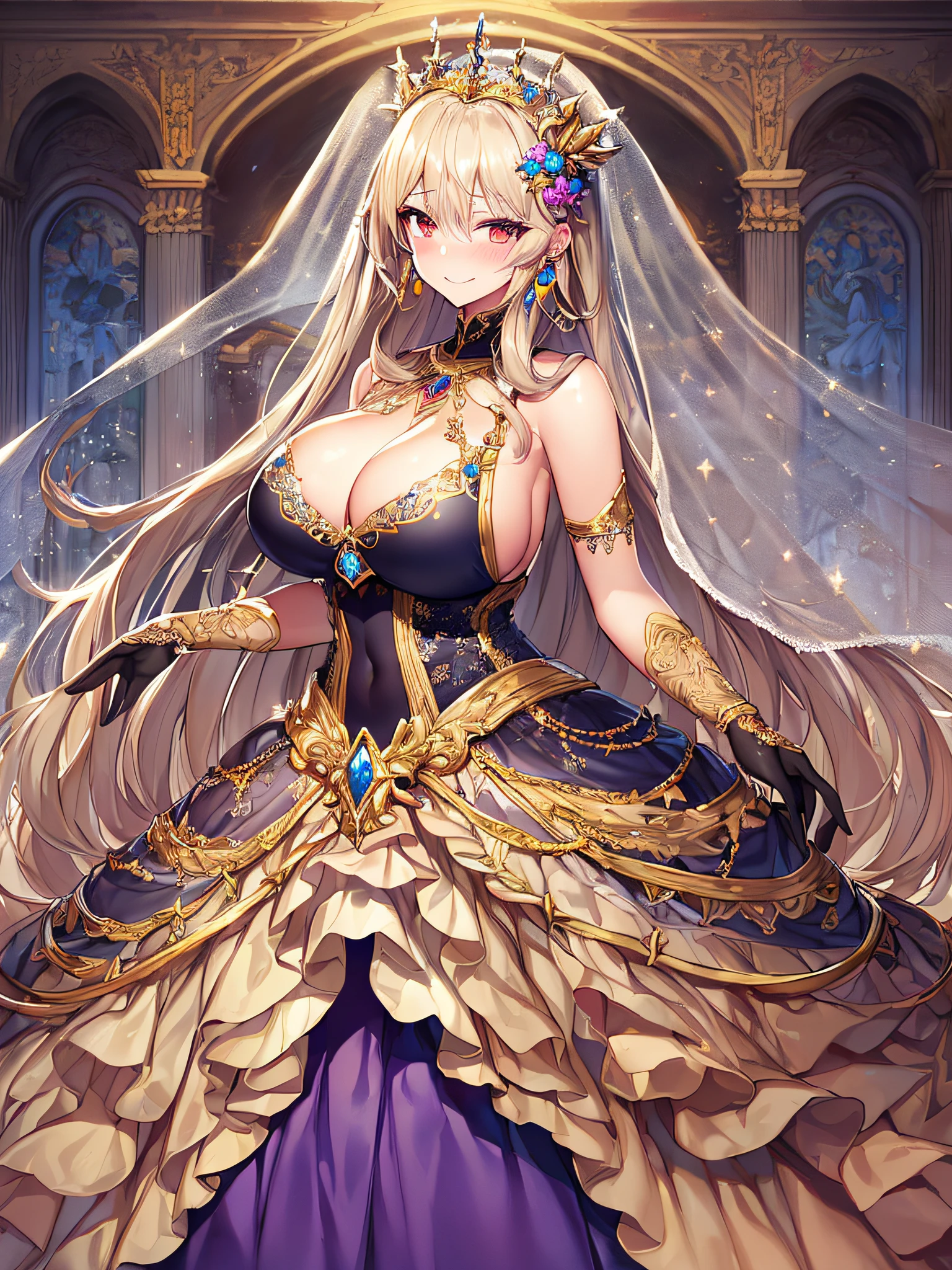 ((Anime Art Style)),((masutepiece,Best Quality,Super Detail,Very delicate and beautiful)),((Full body portrait)),((Stand in the garden)),((Solo)),(((One princess in Gorgeous embroidery and jeweled very gorgeous princess ballgown with voluminous full length hoop skirt))),(Crinoline),Long Train,(((very very gigantic boobs,Skindentation))),((large amount of straight hair,extremely voluminous Hair,Very Long Straight Hair)),(finely detailed face and eyes),(Seductive smile,embarrassed),extremely gorgeousfull hair ornament,very gorgeous tiara adorned with bling-bling jewels,Glitter Gorgeous Gemstone Jewelry,Gorgeous Long Veil,opera gloves,(Beautiful background),(Full body),((Gorgeous embroidery and jeweled gorgeous princess ballgown with voluminous full length hoop skirt)),