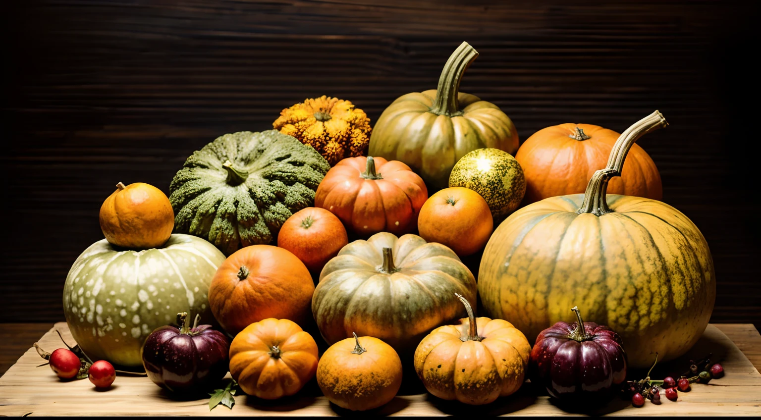 a wooden table topped with assorted fruits and vegetables, cornucopia, harvest, harvest fall vibrance, harvest fall vibrancy, still life photography, gourds, by Linda Sutton, by David Garner, by Juan O'Gorman, holiday season, autumn, the goddess of autumn harvest, on a dark background, still life vegetables