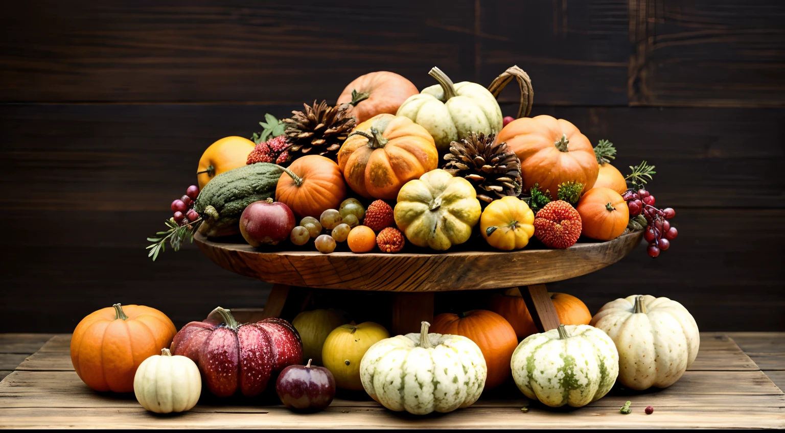 a wooden table topped with assorted fruits and vegetables, cornucopia, harvest, harvest fall vibrance, harvest fall vibrancy, still life photography, gourds, by Linda Sutton, by David Garner, by Juan O'Gorman, holiday season, autumn, the goddess of autumn harvest, on a dark background, still life vegetables