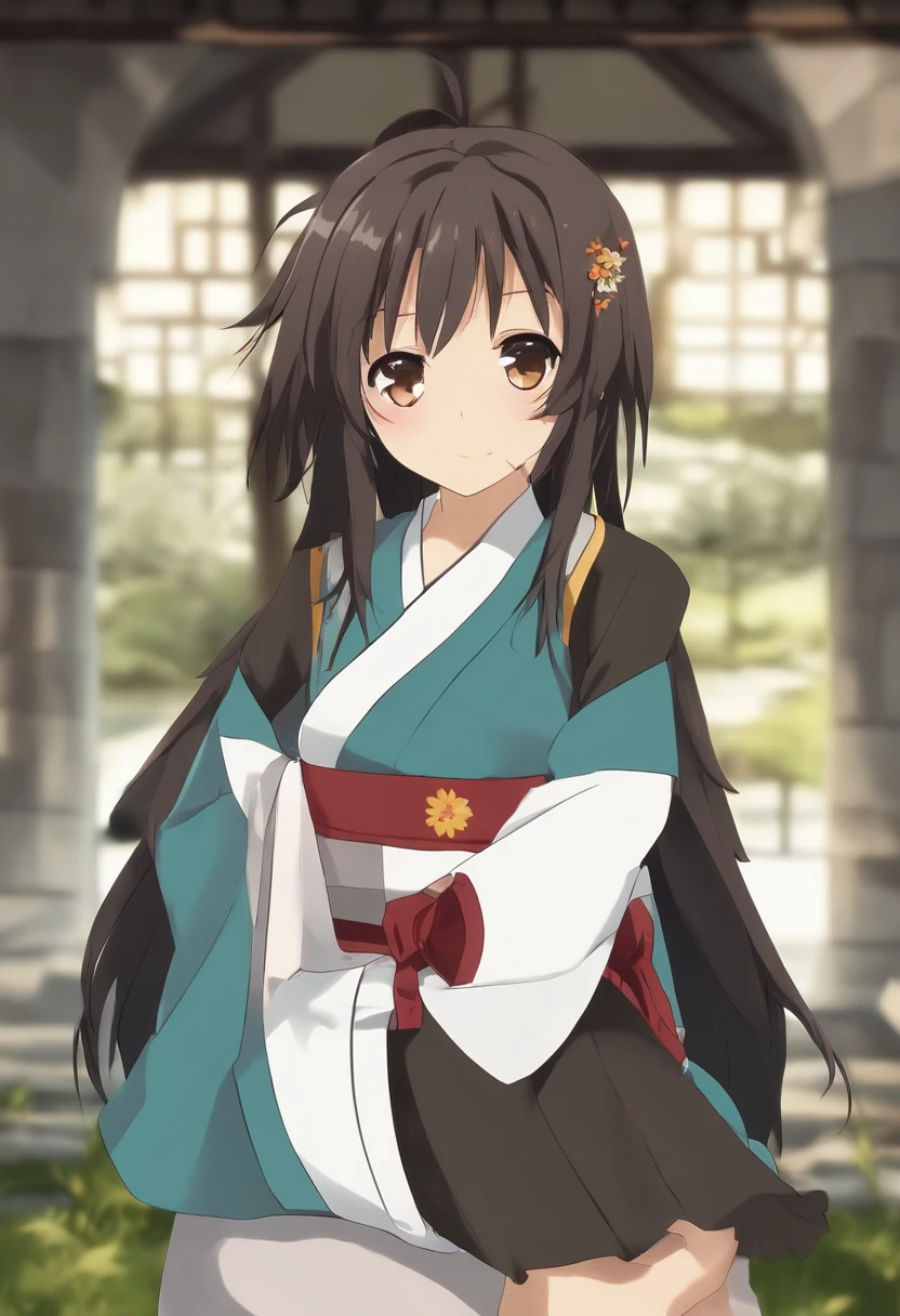 Arte por Yaguru Magiku, Uma adolescente vestindo uma armadura de cavaleiro ?????, sorriso irritado, in the style of Kyoto Animation in the 2010s, Arte Oficial, ((((cabelos pretos)), olhos de Haruhi Suzumiya, rosto de Haruhi Suzumiya)), beautiful symetrical face, rabo-de-cavalo, em um castelo europeu medieval em um dia de outono, fantasia, soio, sozinho, 8k, pose de Haruhi Suzumiya