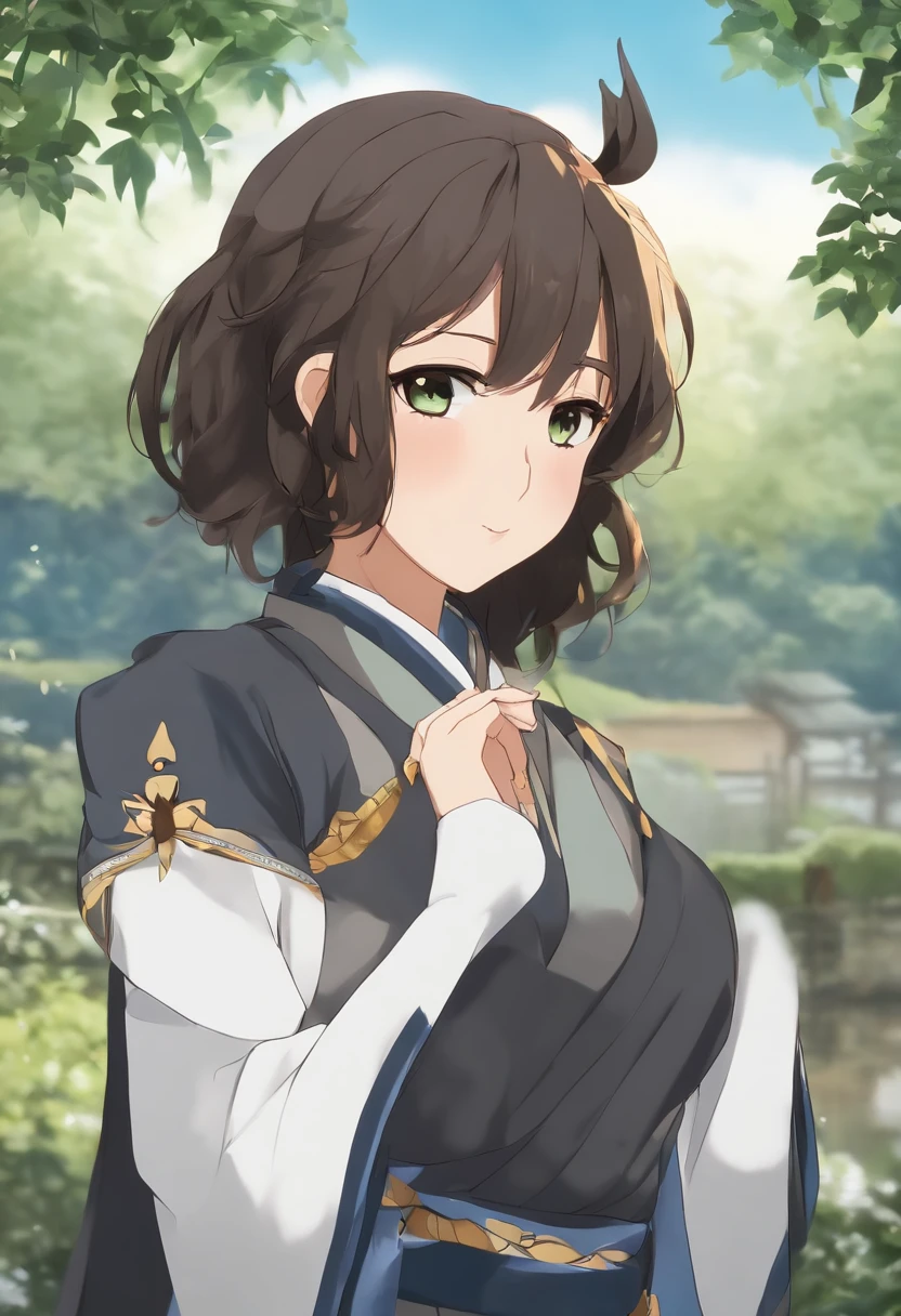 Arte por Yaguru Magiku, Uma adolescente vestindo uma armadura de cavaleiro negro, sorriso irritado, in the style of Kyoto Animation in the 2010s, Arte Oficial, ((((cabelos pretos)), olhos de Haruhi Suzumiya, rosto de Haruhi Suzumiya)), beautiful symetrical face, rabo-de-cavalo, em um castelo europeu medieval em um dia de outono, fantasia, soio, sozinho, 8k, pose de Haruhi Suzumiya