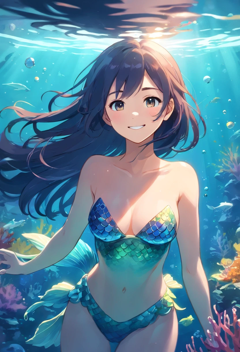 (absurd resolution:1.2), (best quality:1.3), mermaids, long hair, swiming, smile, masterpiece, underwater, sea creatures, coral, (Best Lighting:1.4), (best shadow:1.4), sunlight, air bubble, small breasts, fullnaked