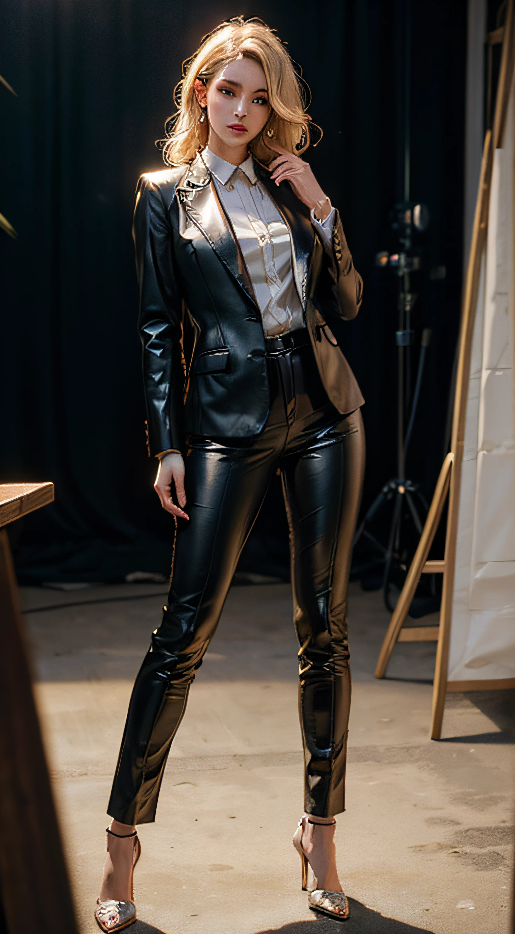 full body woman, A fashion model, Wear a suit, Glamour, paparazzi taking pictures of her, Blonde hair, Brown eyes, elegant leather trouser suit, elegant stilettos, she blows her hair, looks into the light, adjusts her hair, flirtatious, photo studio, bokeh, 8K, High quality, Masterpiece, Best quality, HD, Extremely detailed, voluminetric lighting, Photorealistic